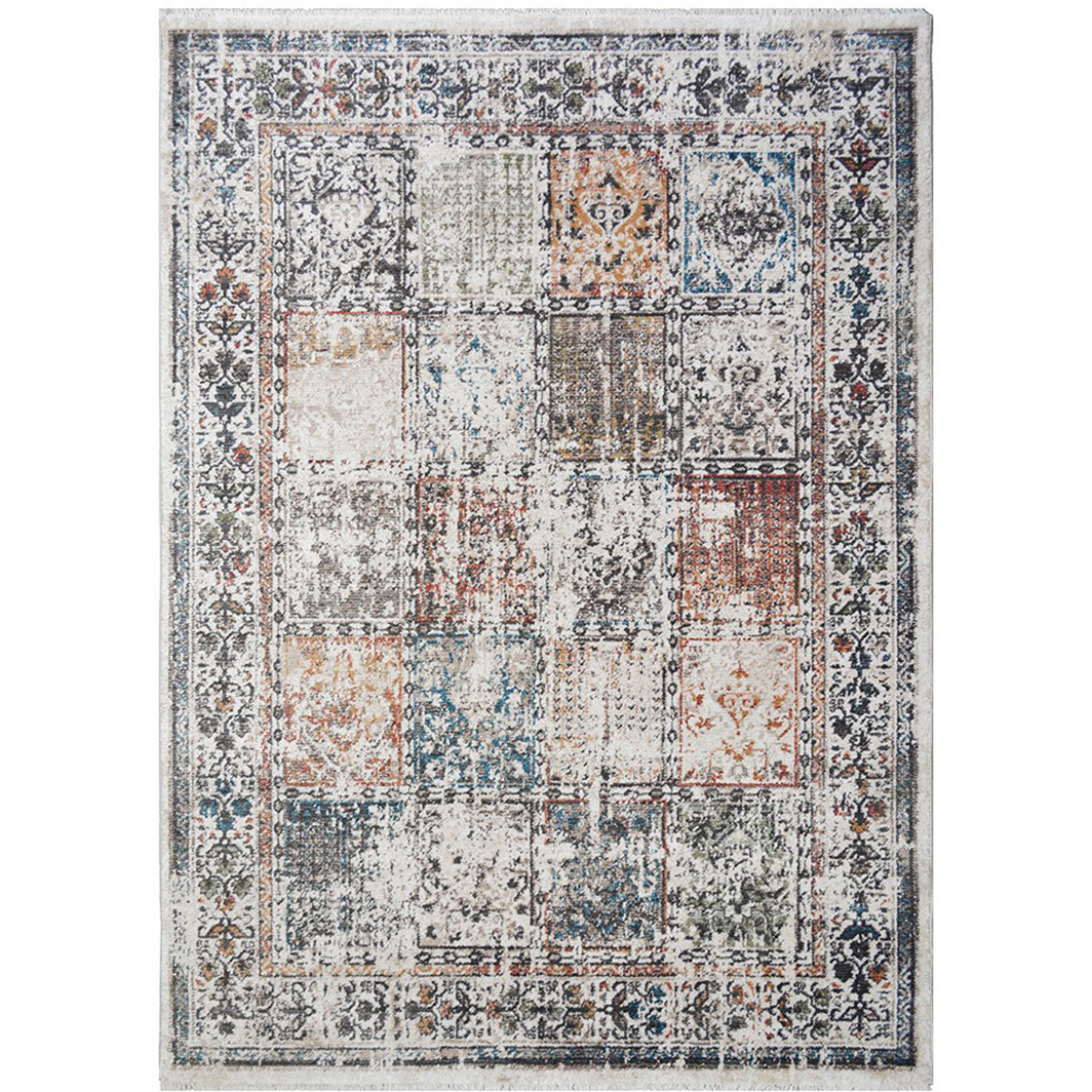 2' X 3' Ivory Blue and Gray Patchwork Distressed Area Rug With Fringe