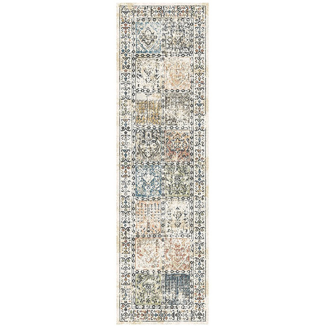8' Ivory Blue and Gray Patchwork Distressed Runner Rug With Fringe