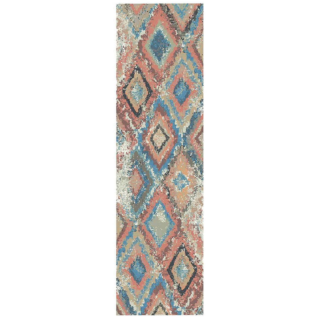 8' Blue Geometric Distressed Runner Rug With Fringe