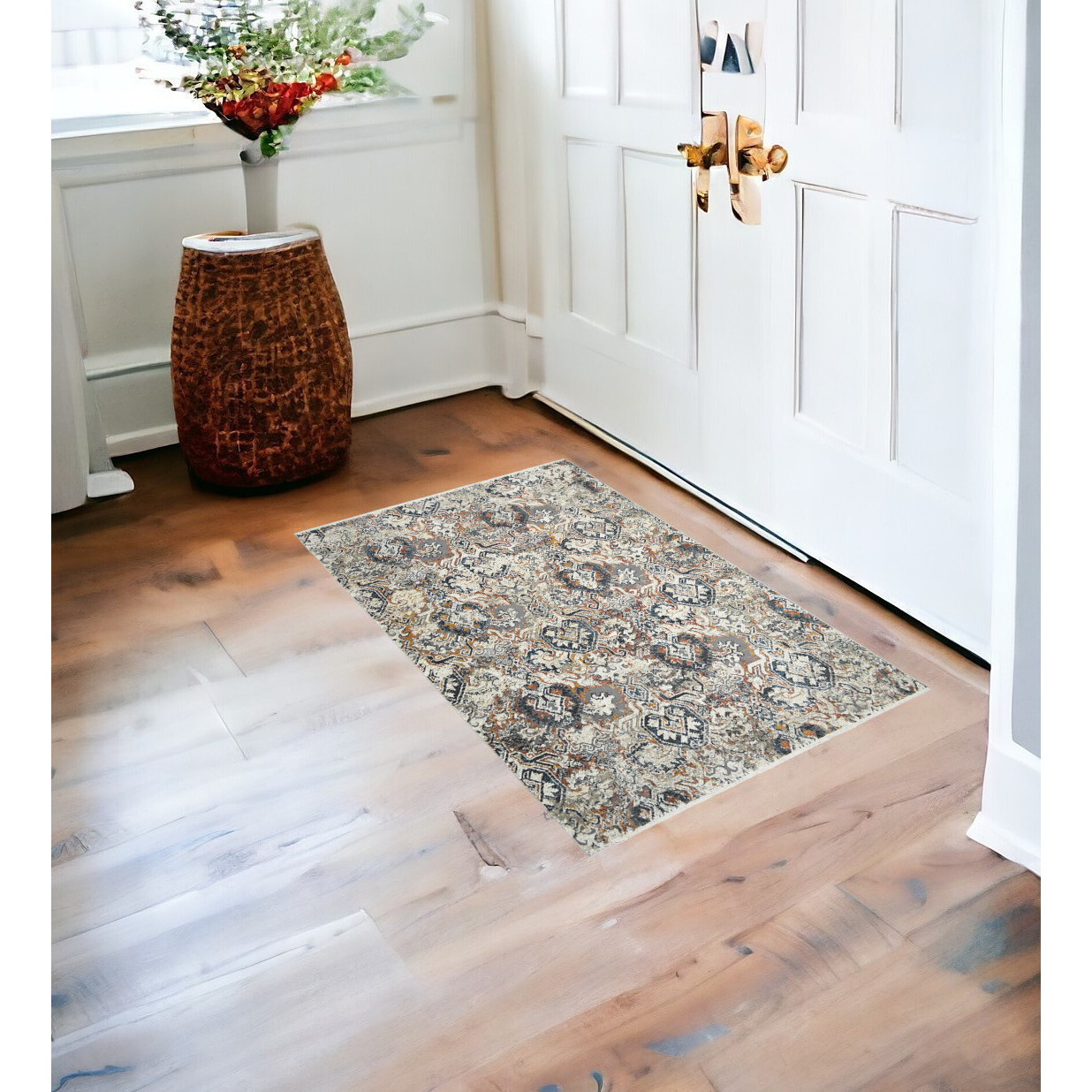 2' X 3' Rust Oriental Distressed Area Rug With Fringe