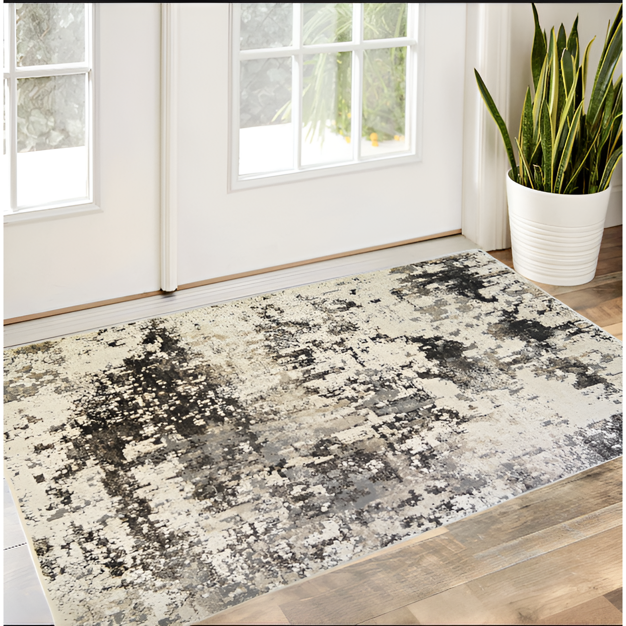 2' X 3' Black Abstract Distressed Area Rug With Fringe