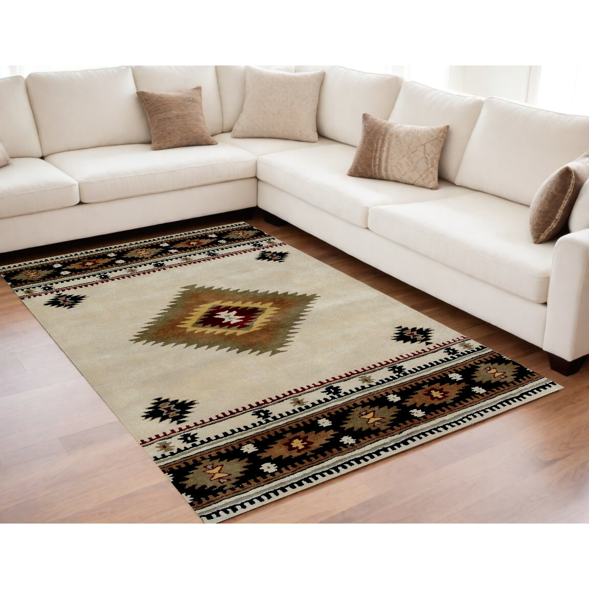 5' X 8' Ivory and Black Southwestern Hand Tufted Non Skid Area Rug