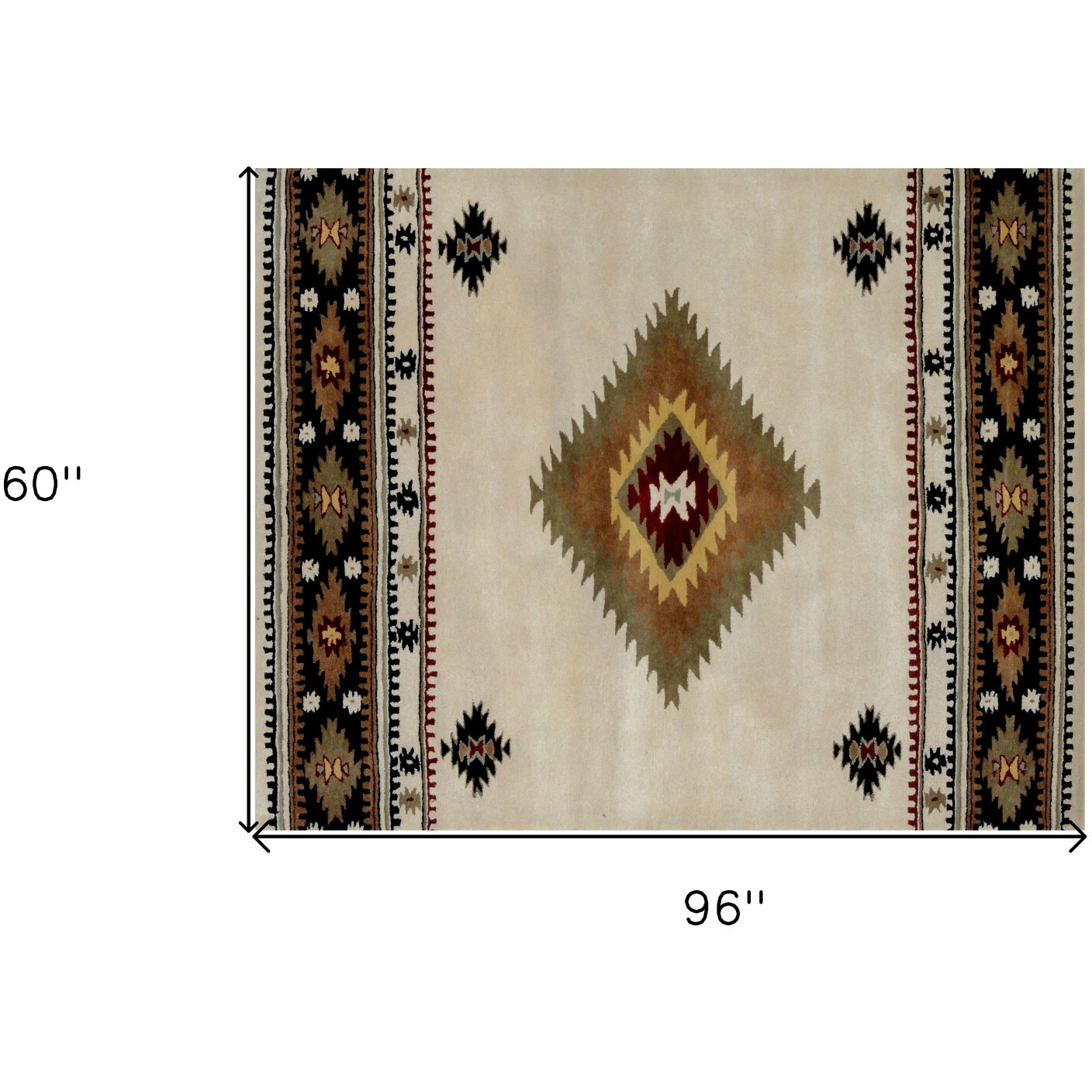 5' X 8' Ivory and Black Southwestern Hand Tufted Non Skid Area Rug