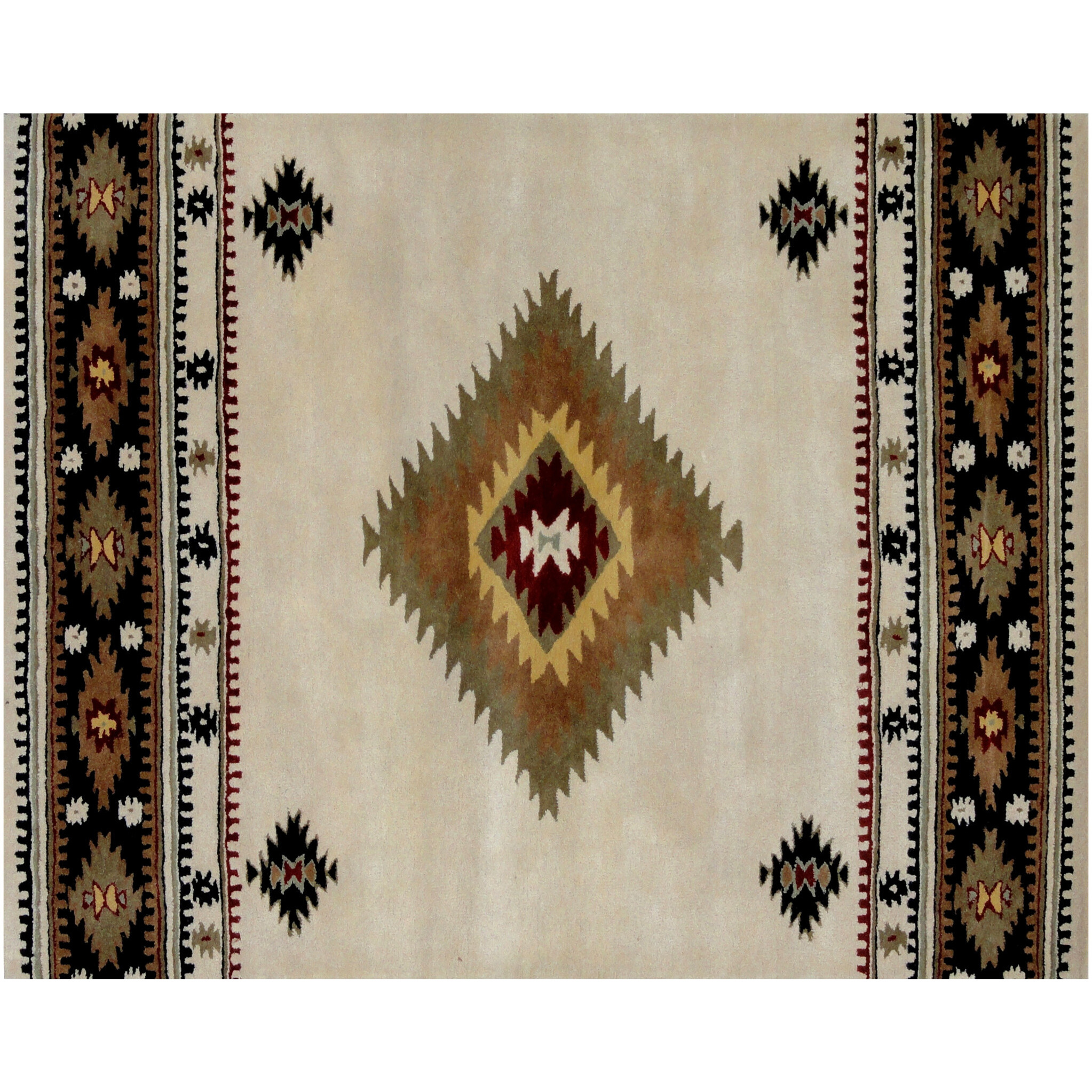 5' X 8' Ivory and Black Southwestern Hand Tufted Non Skid Area Rug