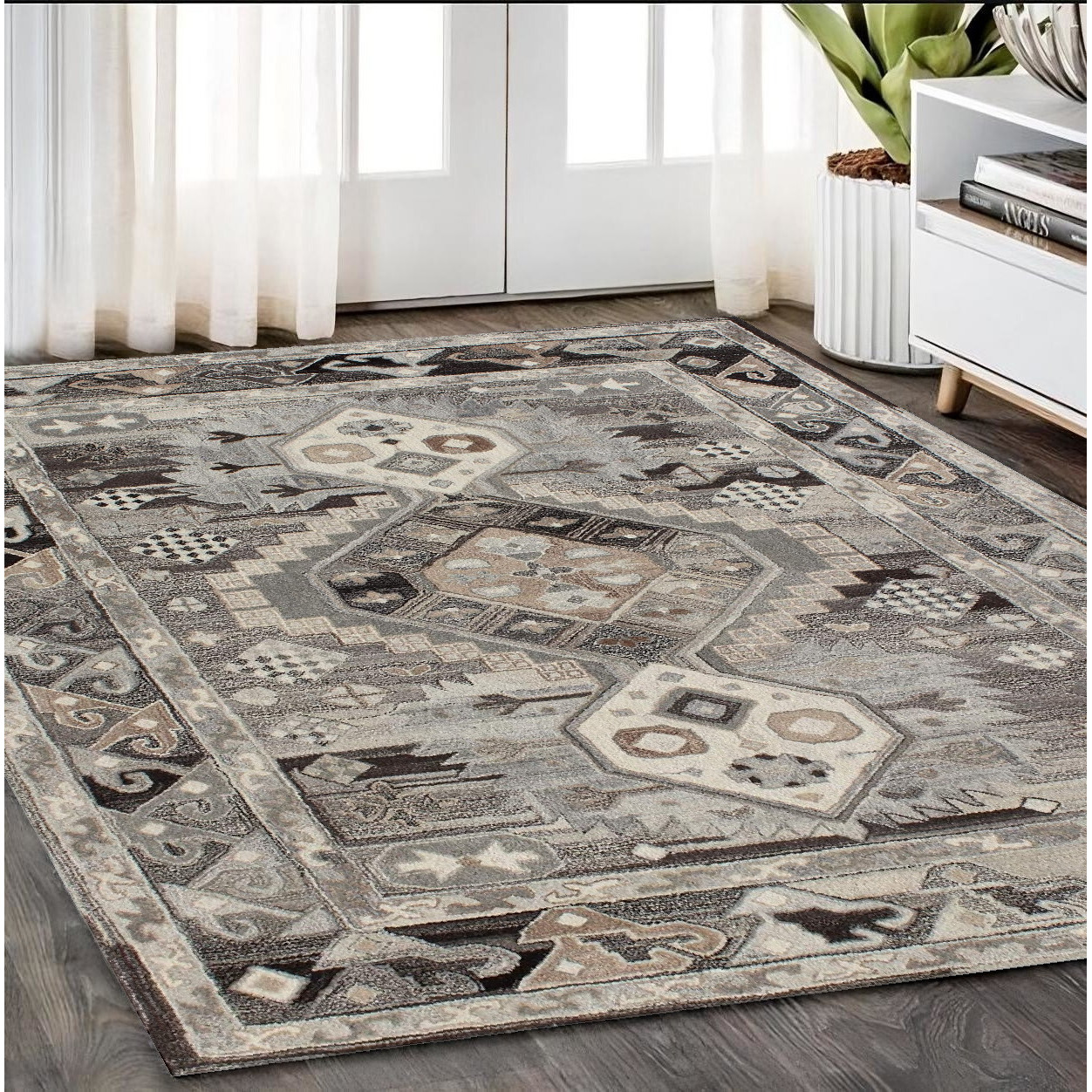 5' X 8' Natural Southwestern Hand Tufted Non Skid Area Rug