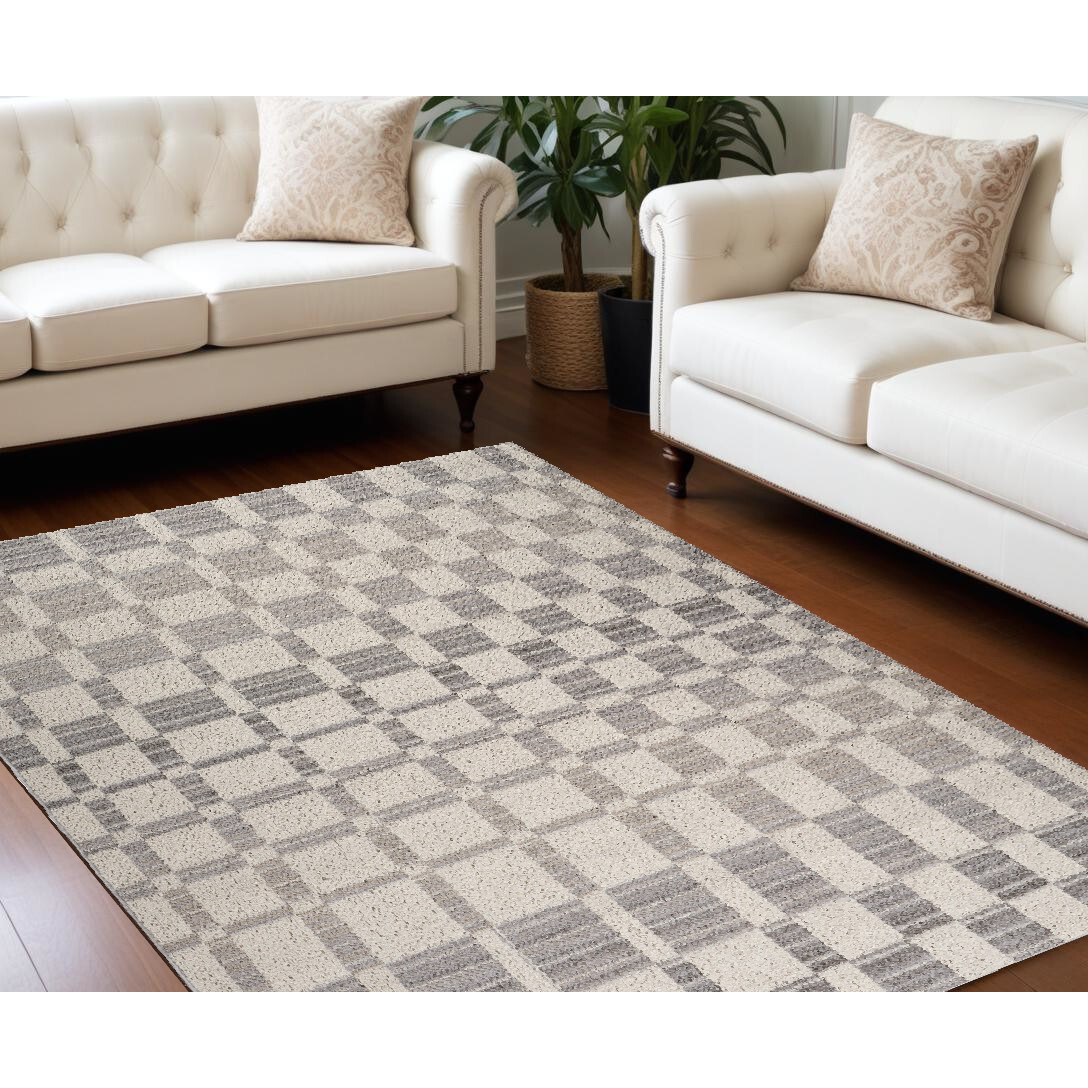 8' X 11' Gray and Beige Checkered Distressed Area Rug
