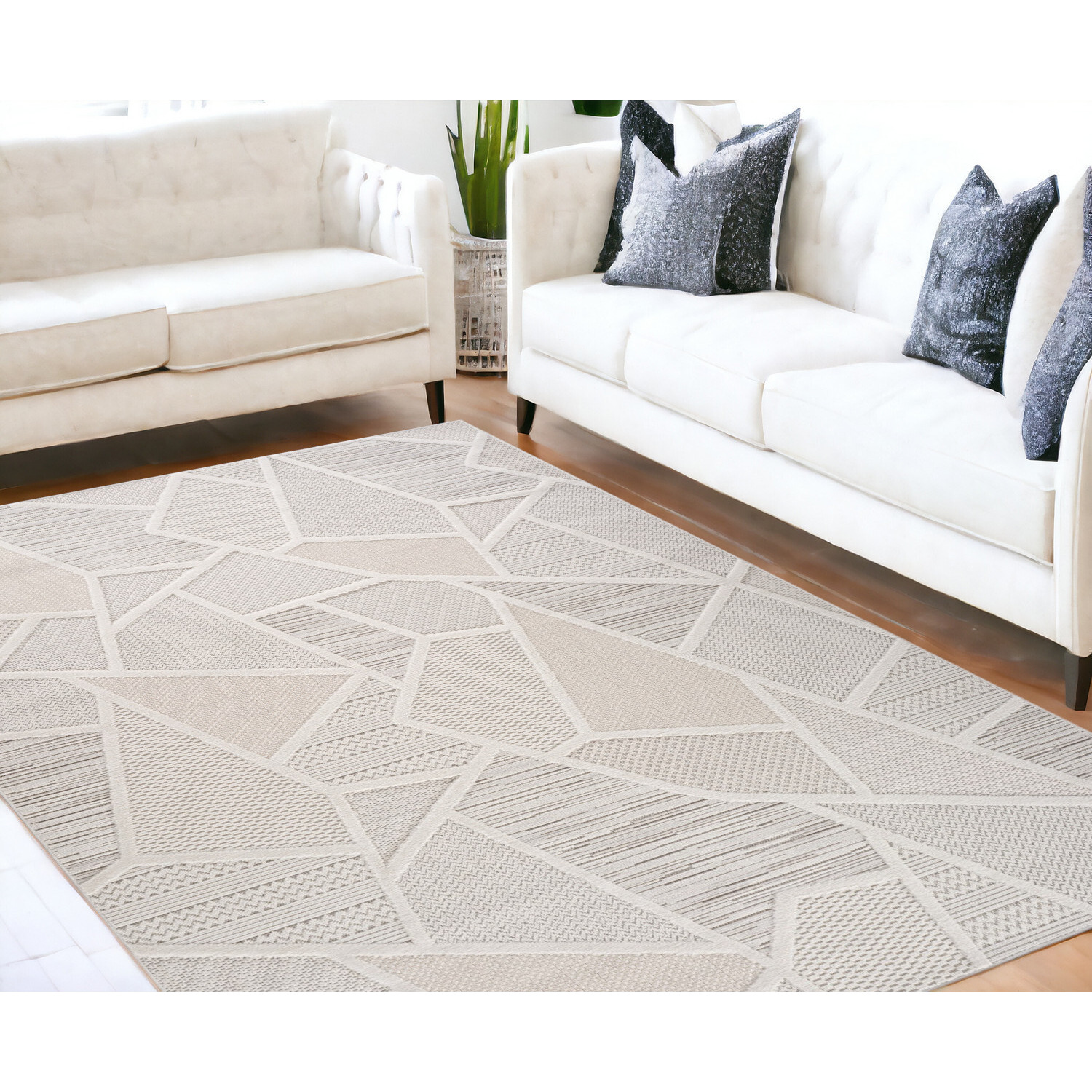 5' X 8' Cream and Beige Geometric Distressed Area Rug