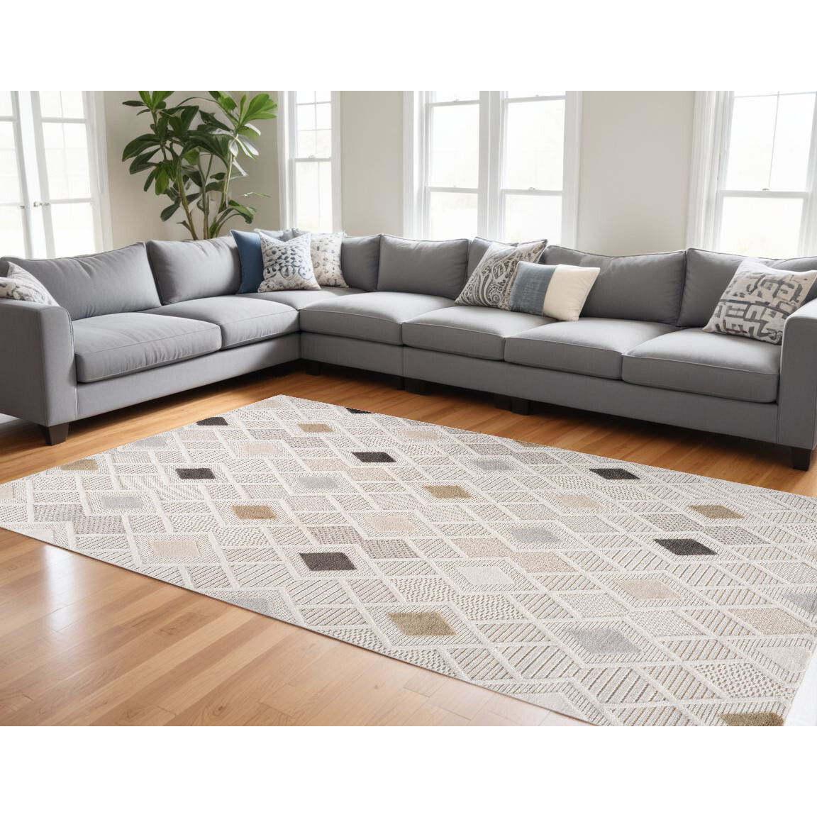 7' X 10' Cream and Beige Abstract Distressed Area Rug