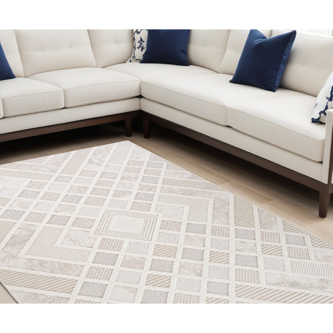 7' X 10' Cream and Beige Abstract Distressed Area Rug