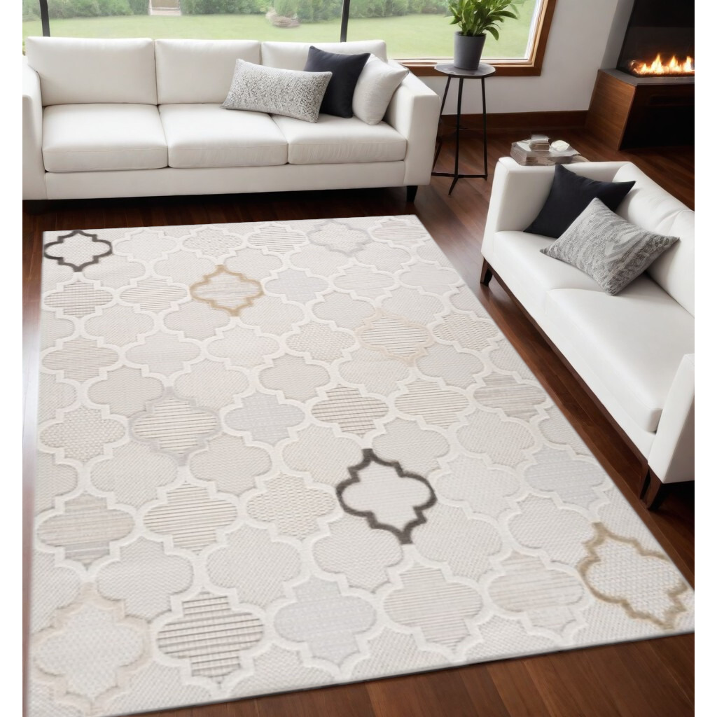5' X 8' Cream and Beige Geometric Distressed Area Rug