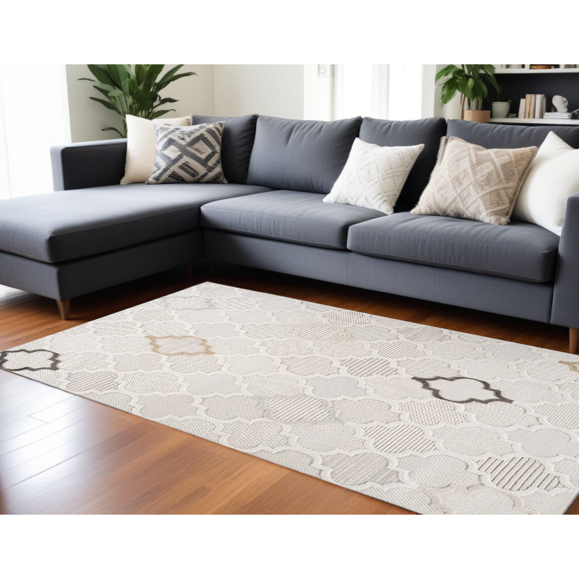 8' X 11' Cream and Beige Geometric Distressed Area Rug