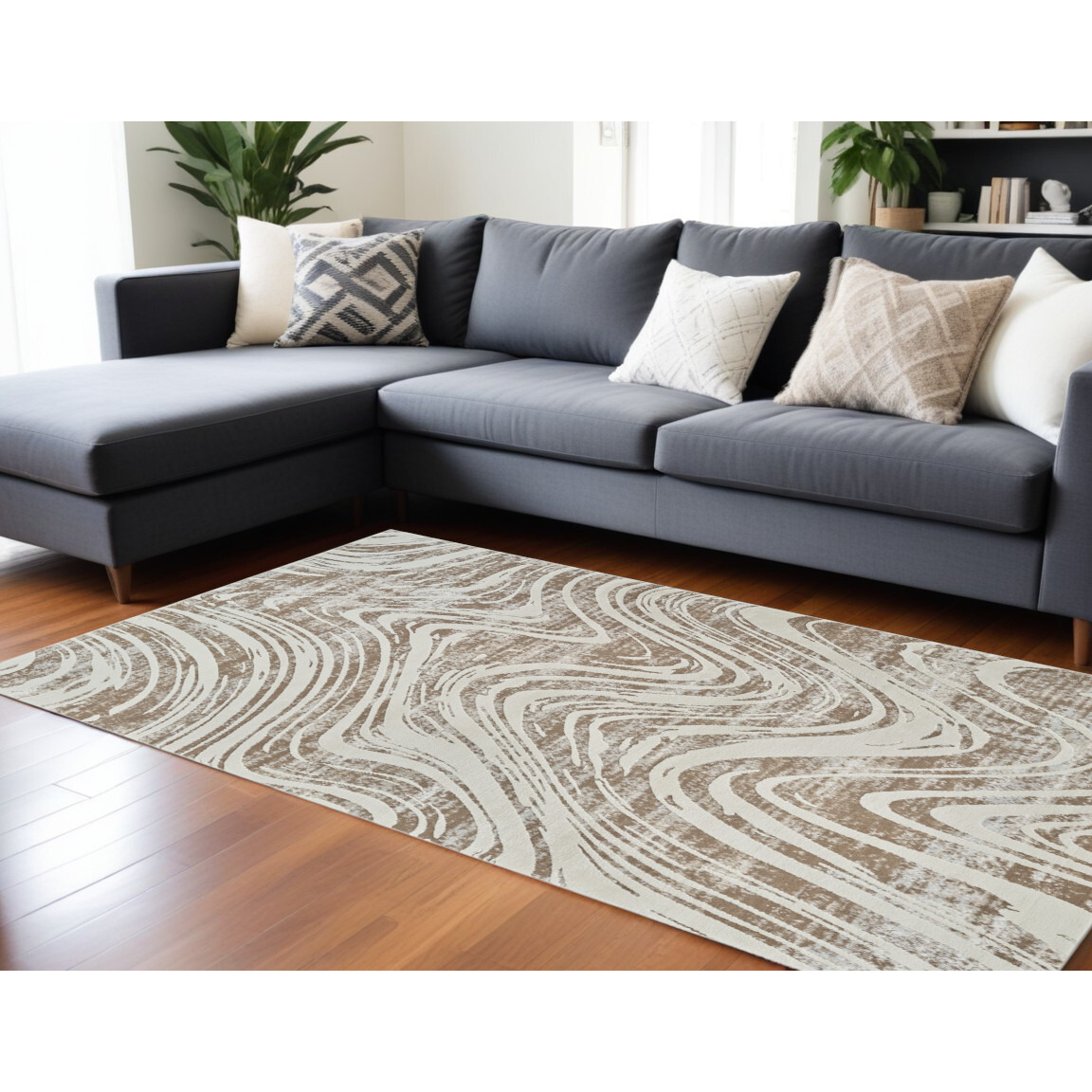 7' X 10' Beige and Brown Abstract Distressed Area Rug