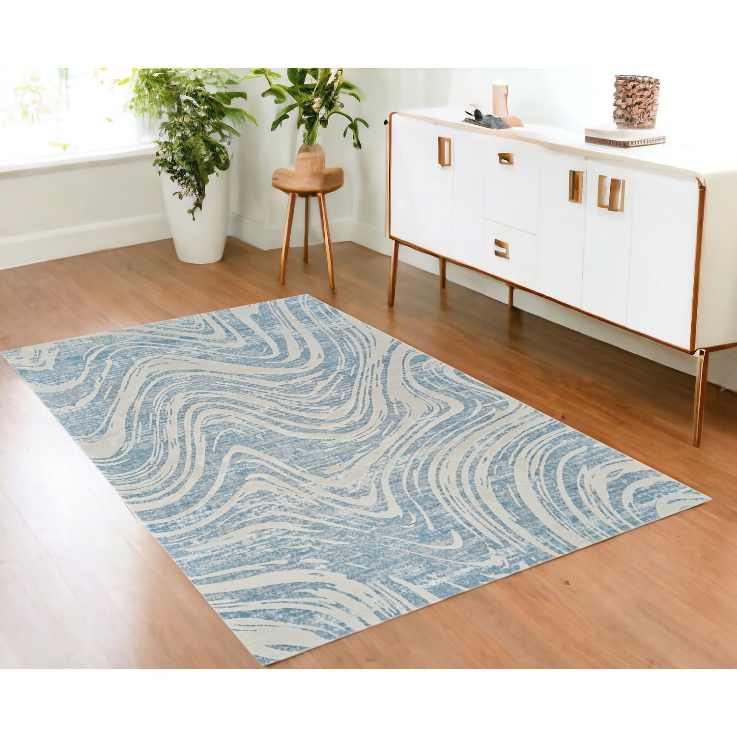4' X 6' Blue and Beige Abstract Distressed Area Rug