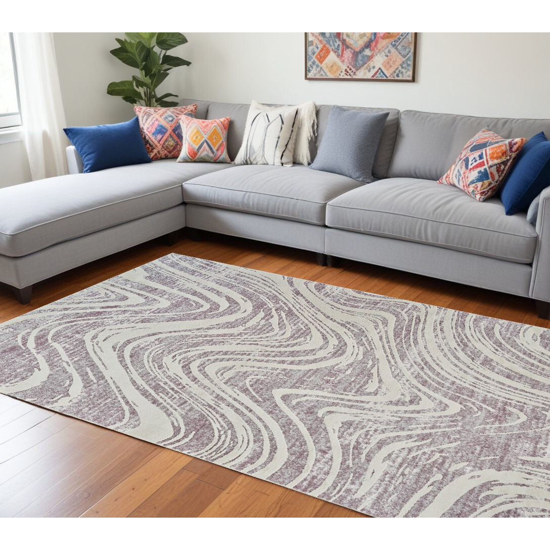 7' X 10' Beige and Purple Abstract Distressed Area Rug