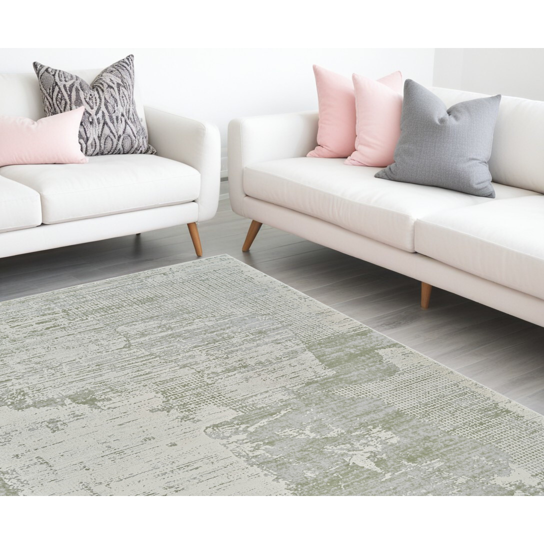 7' X 10' Beige and Green Abstract Distressed Area Rug