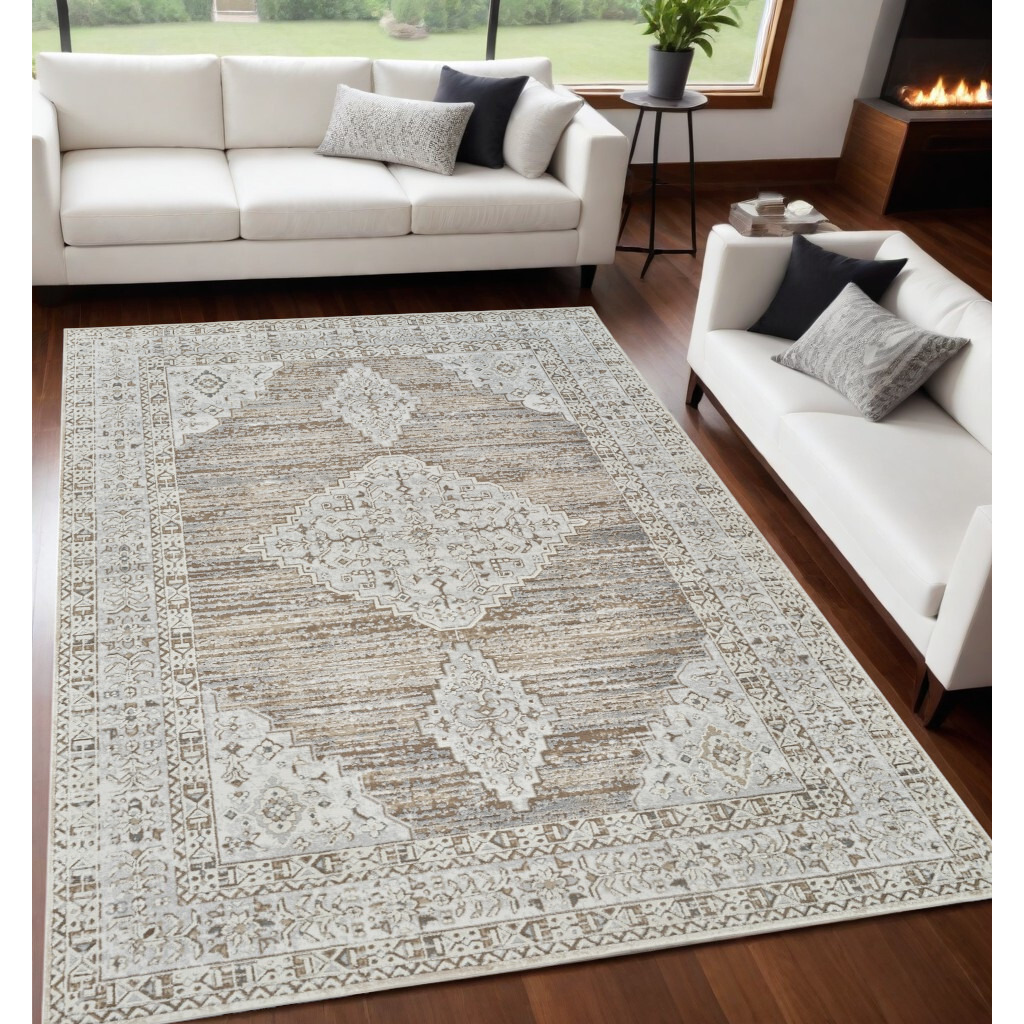 5' X 8' Beige and Brown Abstract Distressed Area Rug