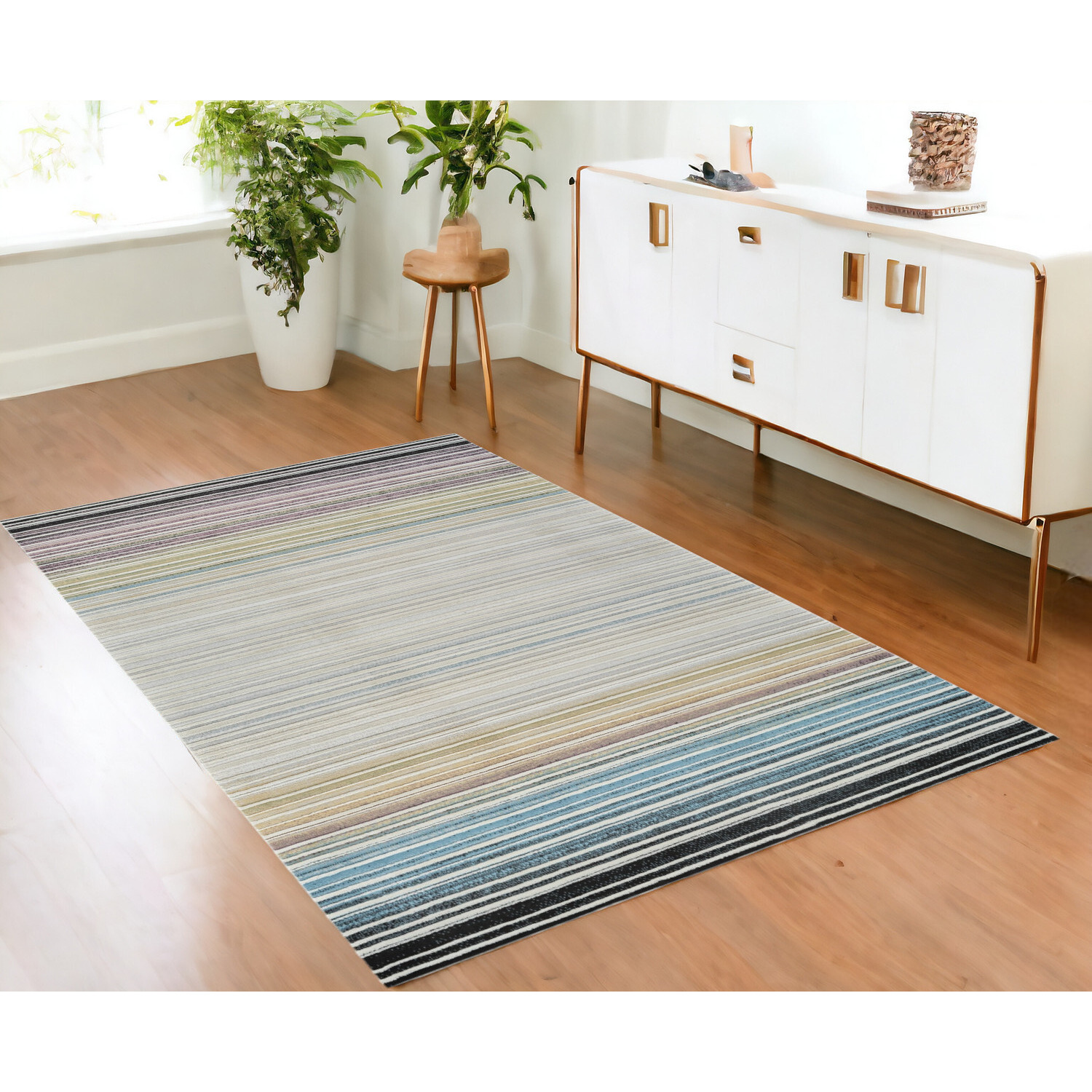 4' X 6' Beige and Blue Abstract Distressed Area Rug