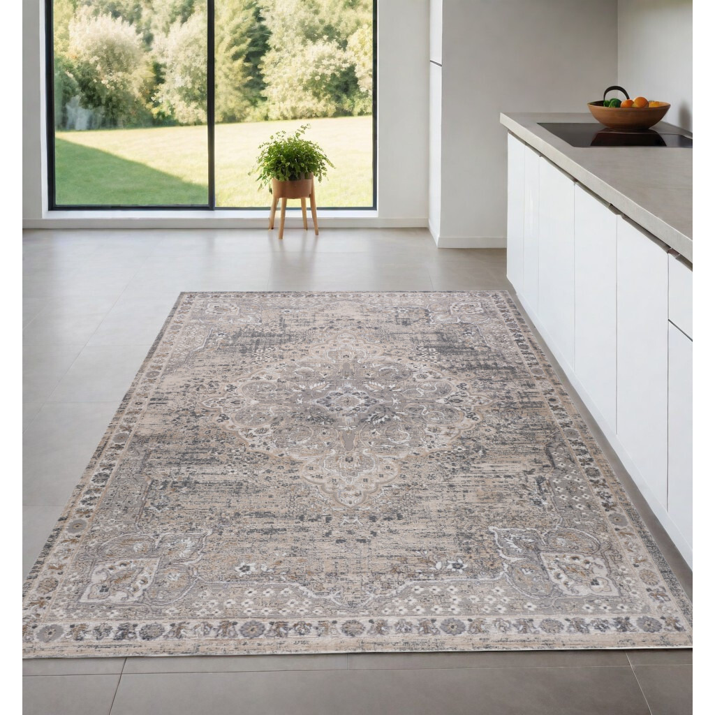 4' X 6' Gray and Beige Oriental Distressed Area Rug