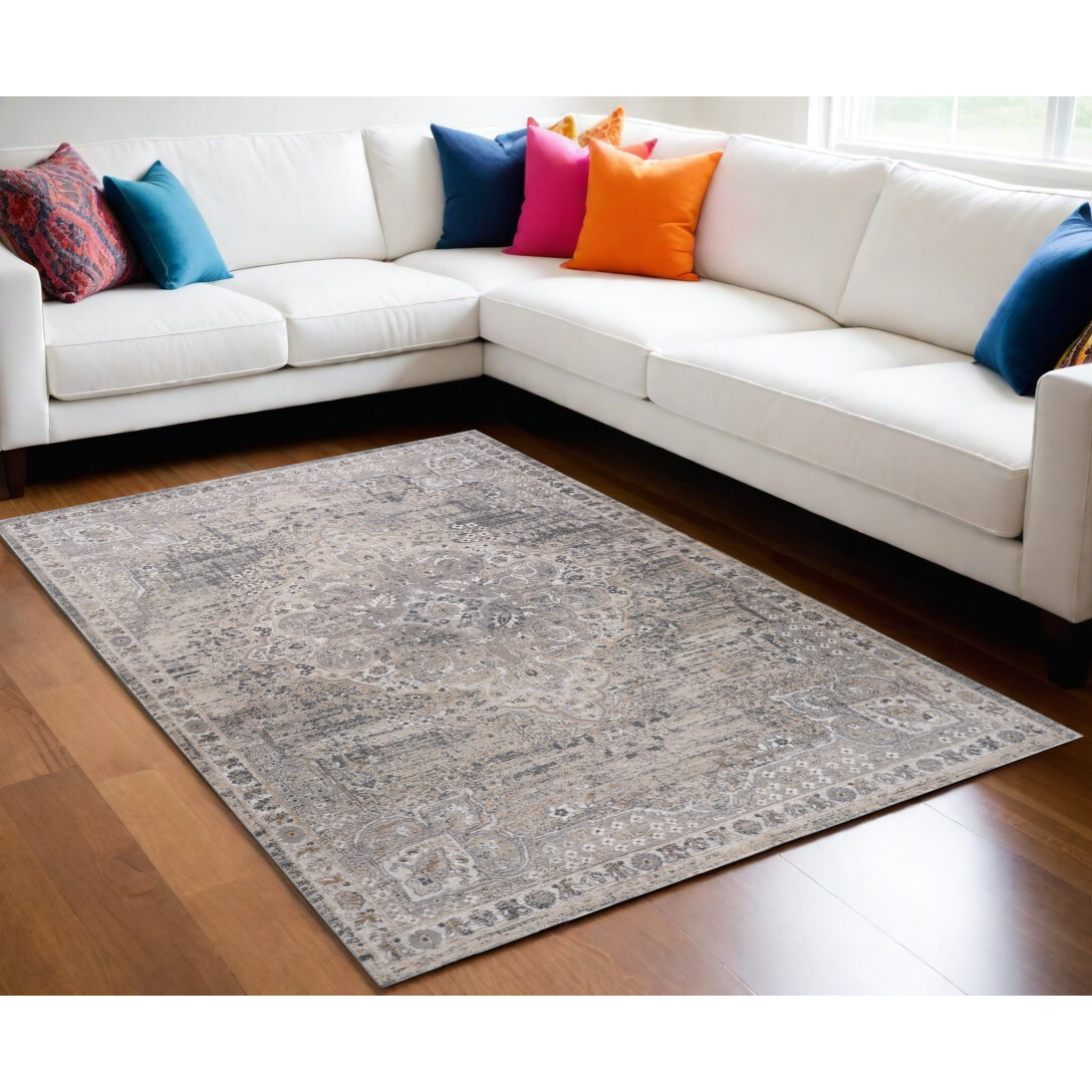 5' X 8' Gray and Beige Oriental Distressed Area Rug