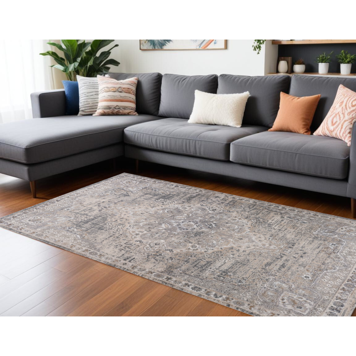 7' X 10' Gray and Beige Oriental Distressed Area Rug