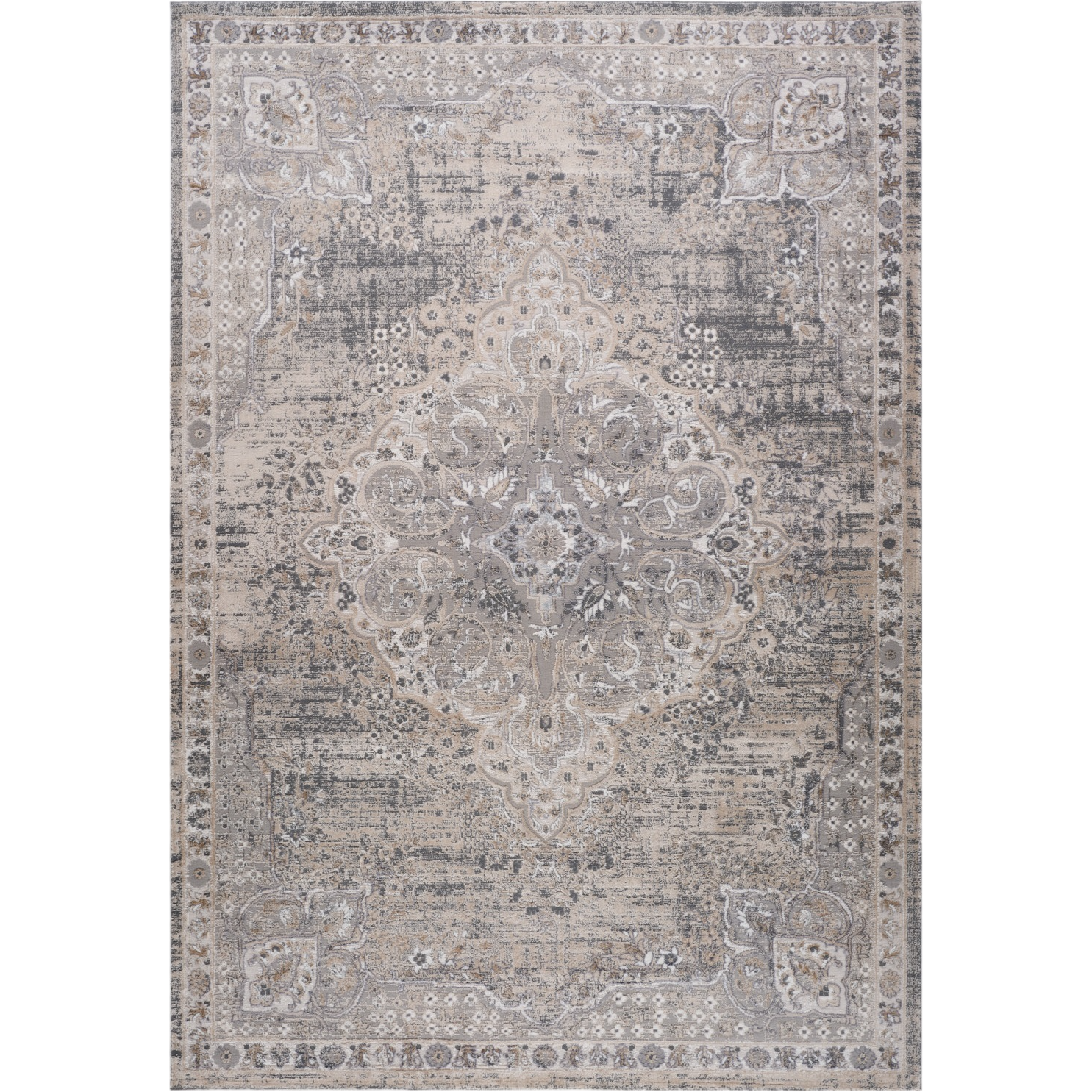 7' X 10' Gray and Beige Oriental Distressed Area Rug