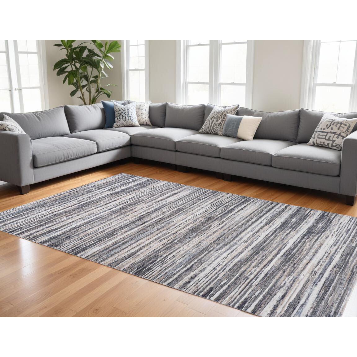 7' X 10' Blue and Gray Abstract Distressed Area Rug