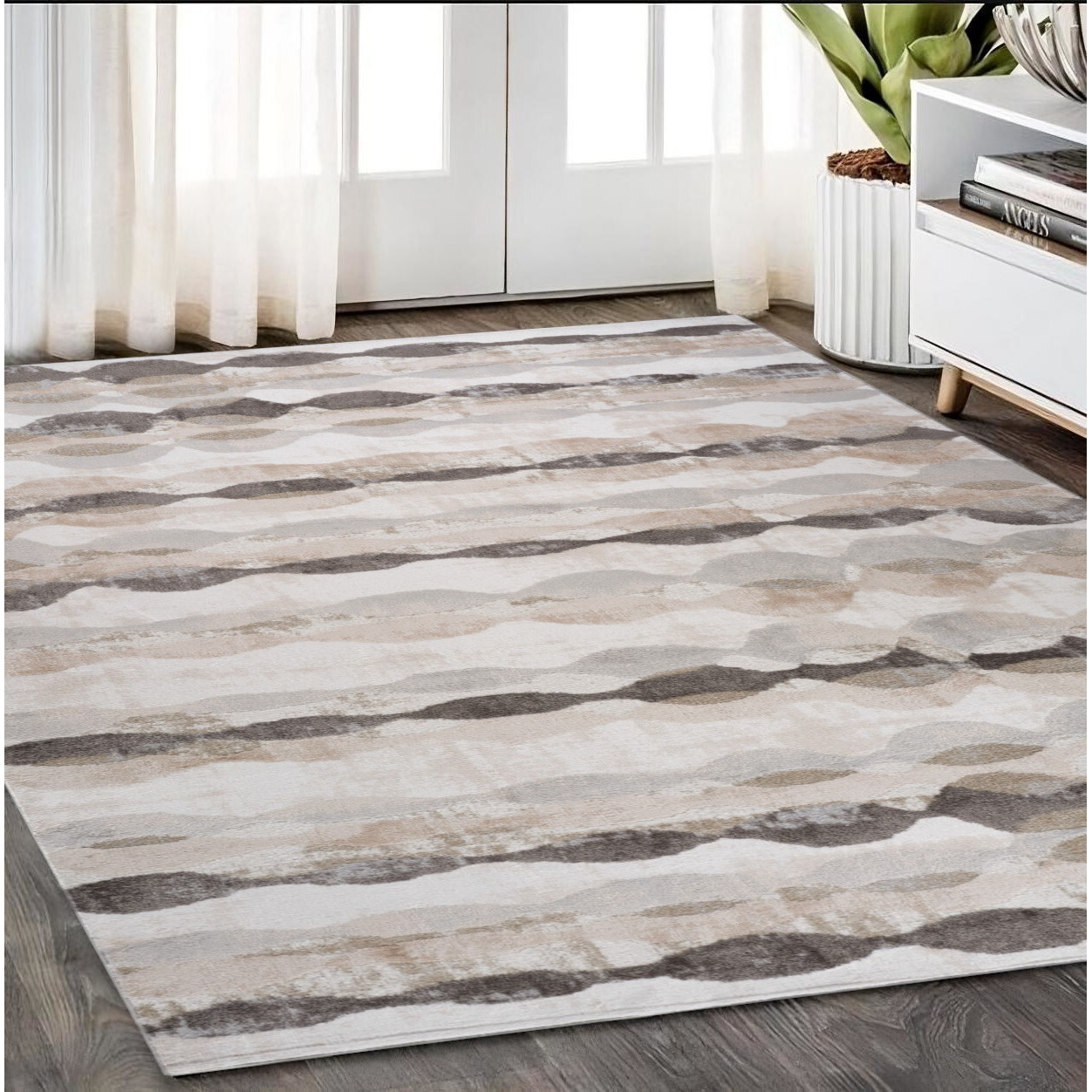 5' X 8' Beige and Brown Abstract Distressed Area Rug