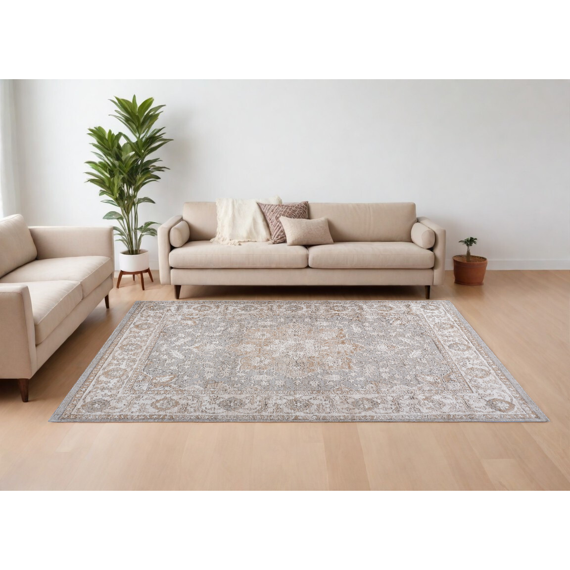 7' X 10' Beige and Gray Oriental Distressed Area Rug
