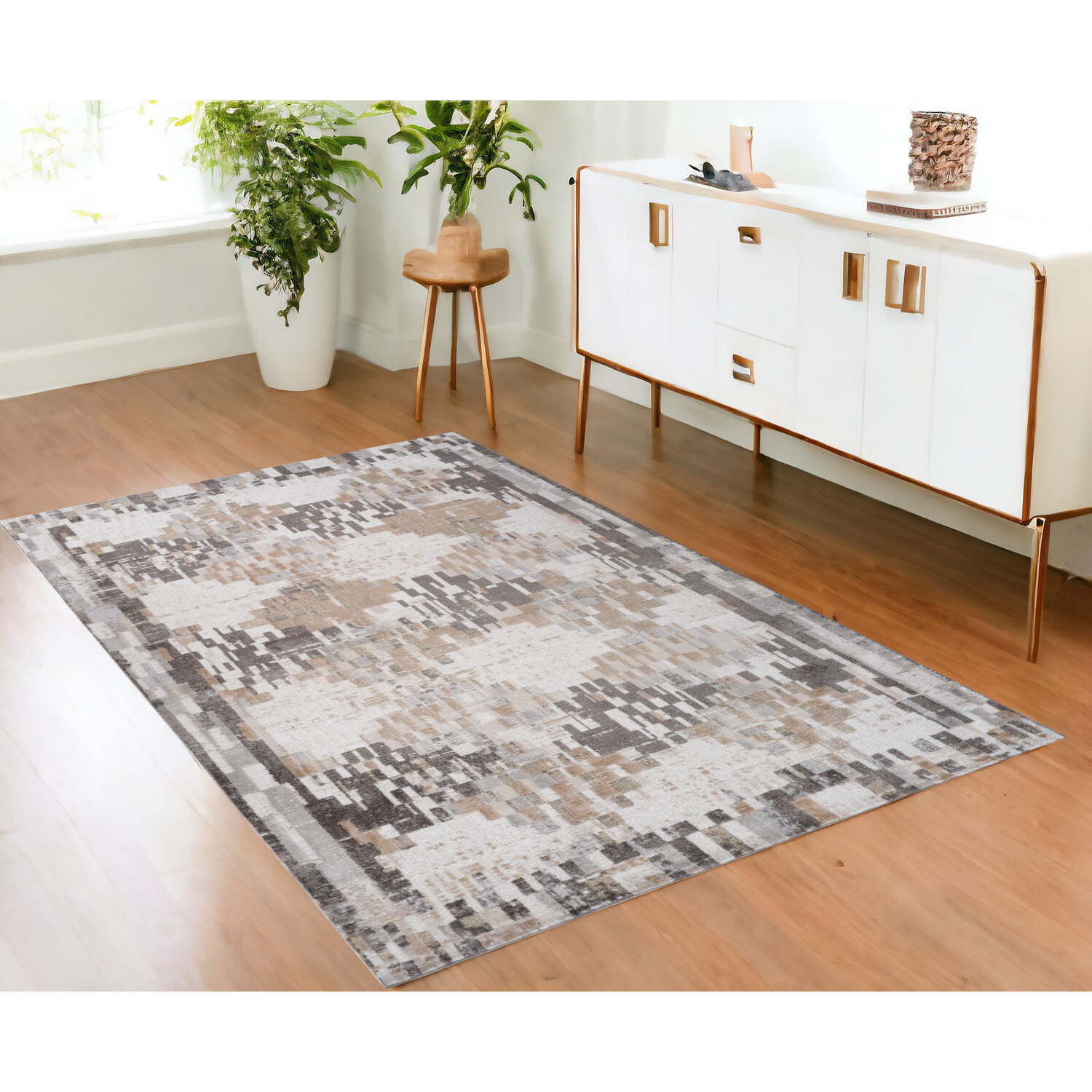 4' X 6' Cream and Brown Abstract Distressed Area Rug