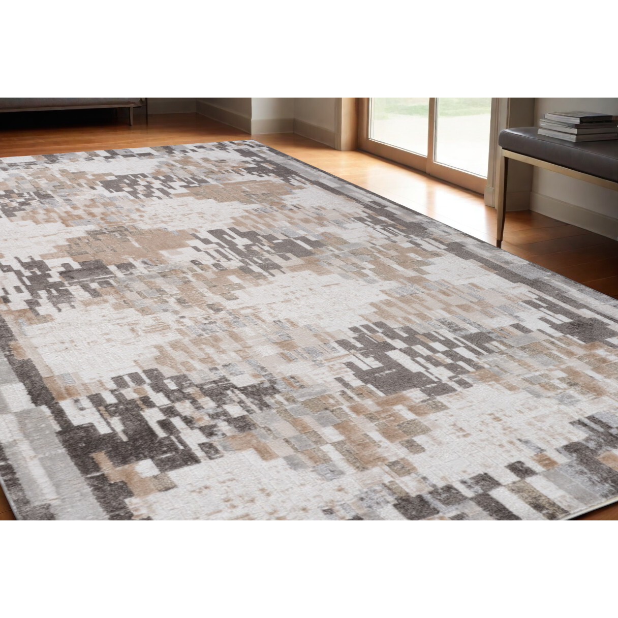 5' X 8' Cream and Brown Abstract Distressed Area Rug