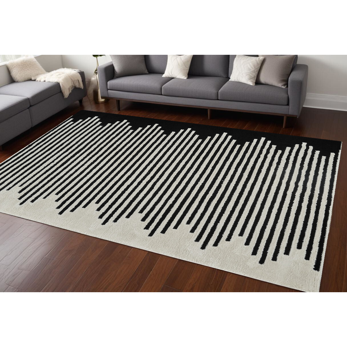 8' X 11' Cream and Black Abstract Distressed Area Rug