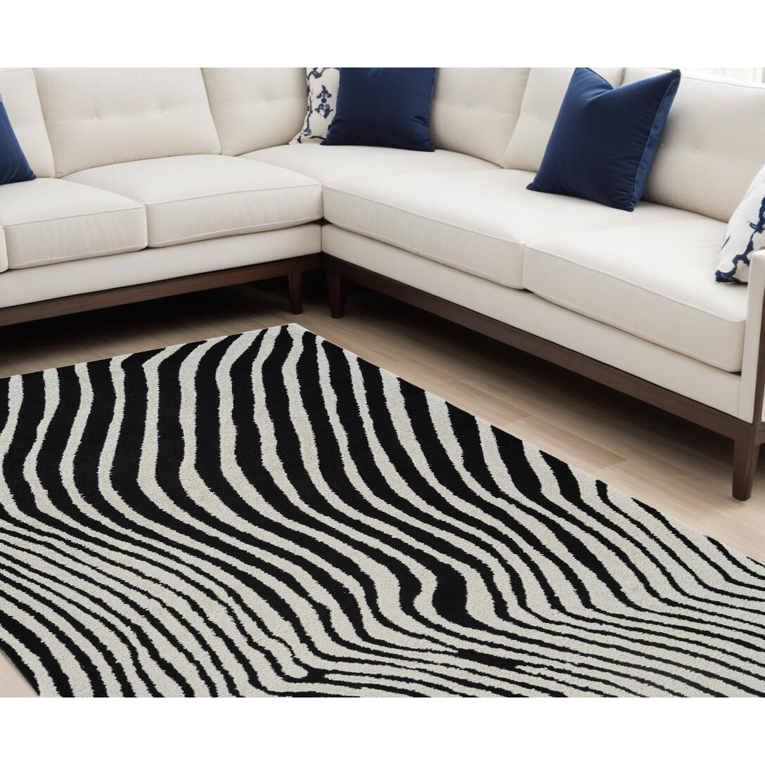 8' X 11' Cream and Black Abstract Distressed Area Rug