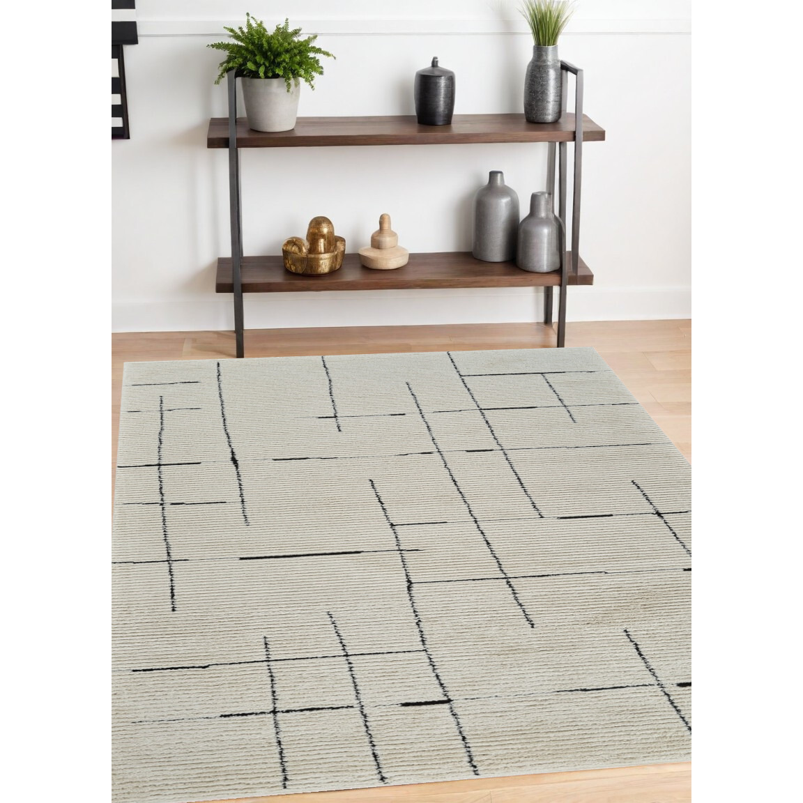 4' X 6' Cream and Green Abstract Distressed Area Rug
