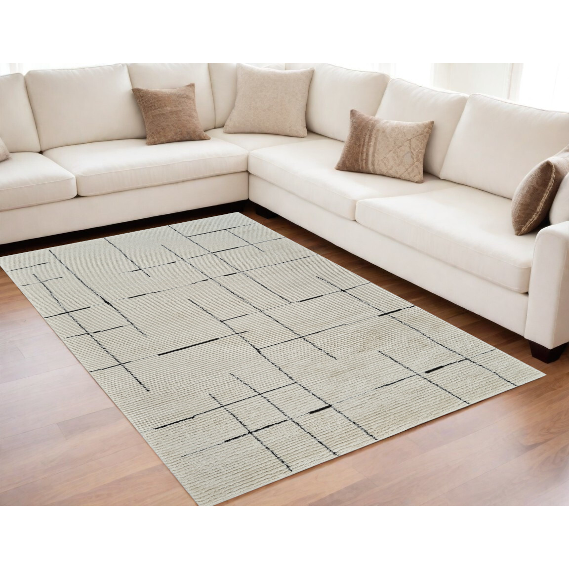 5' X 8' Cream and Green Abstract Distressed Area Rug