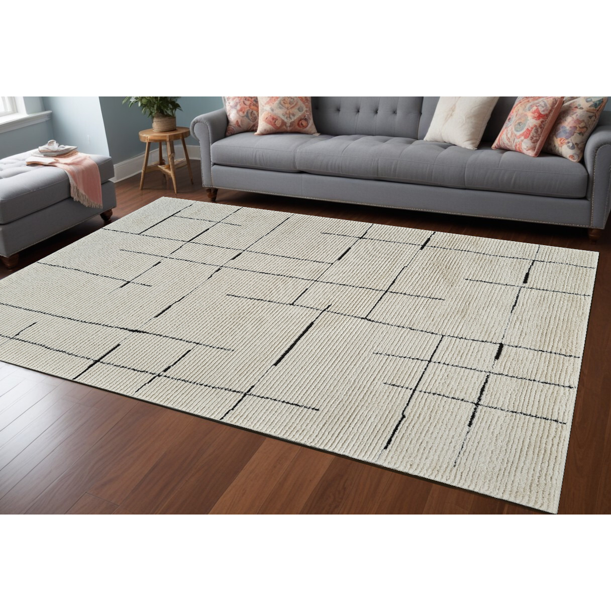 7' X 10' Cream and Green Abstract Distressed Area Rug