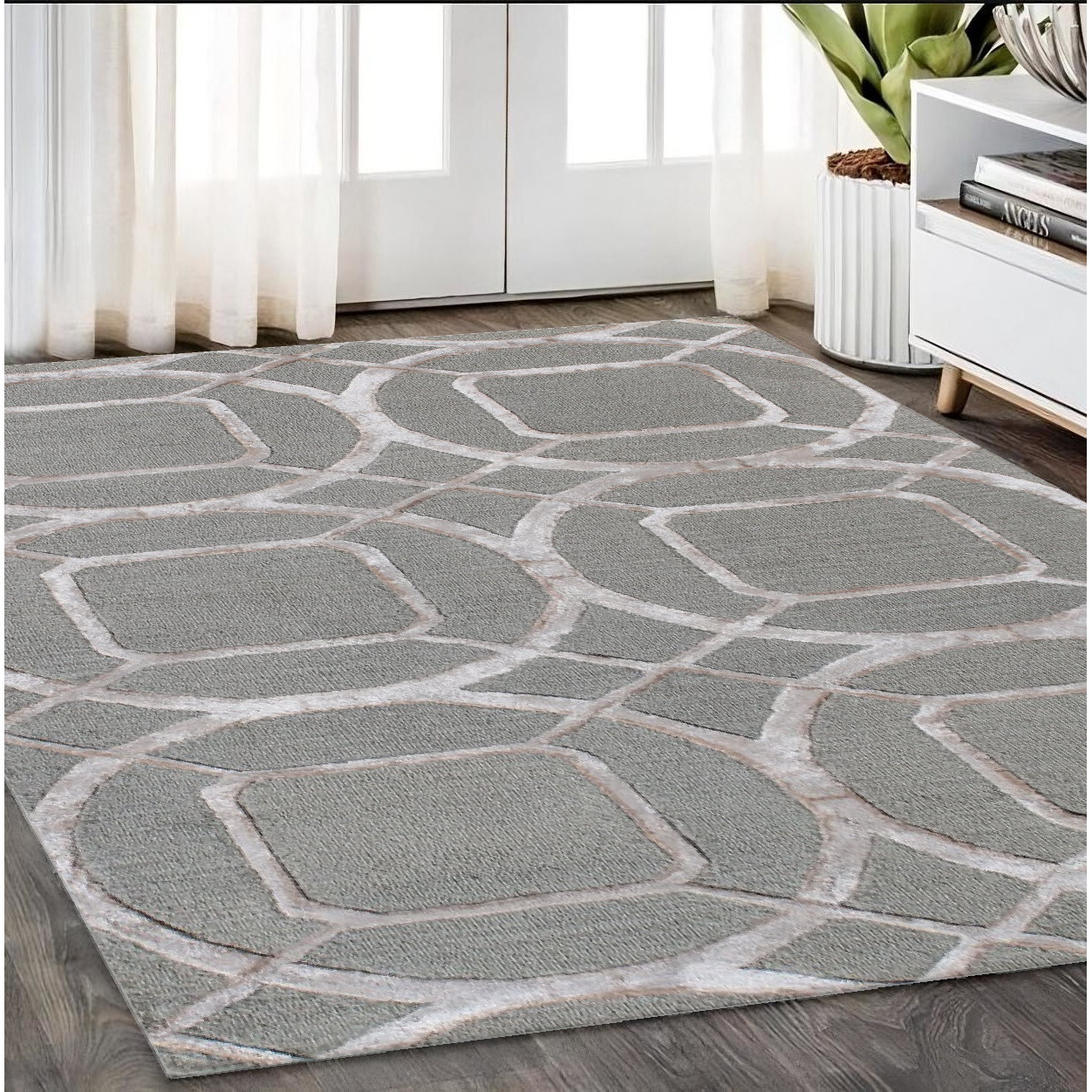 5' X 8' Green Abstract Geometric Hand Tufted Non Skid Area Rug