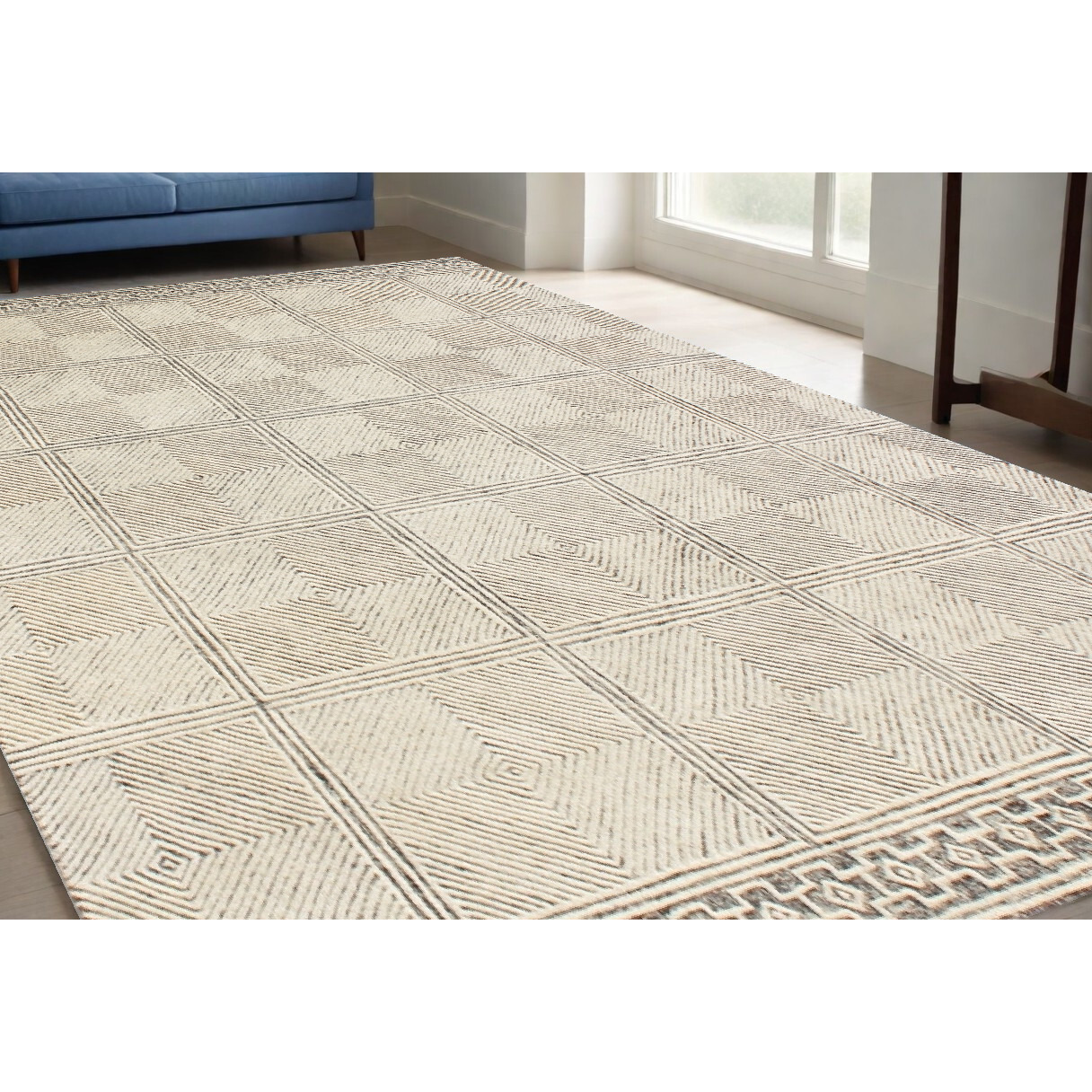 5' X 8' Moss Green Wool Abstract Geometric Hand Tufted Non Skid Area Rug