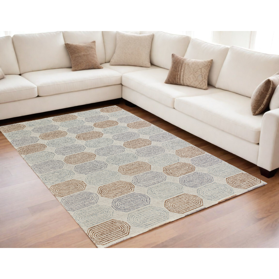 5' X 8' Ivory and Silver Wool Abstract Geometric Hand Tufted Non Skid Area Rug