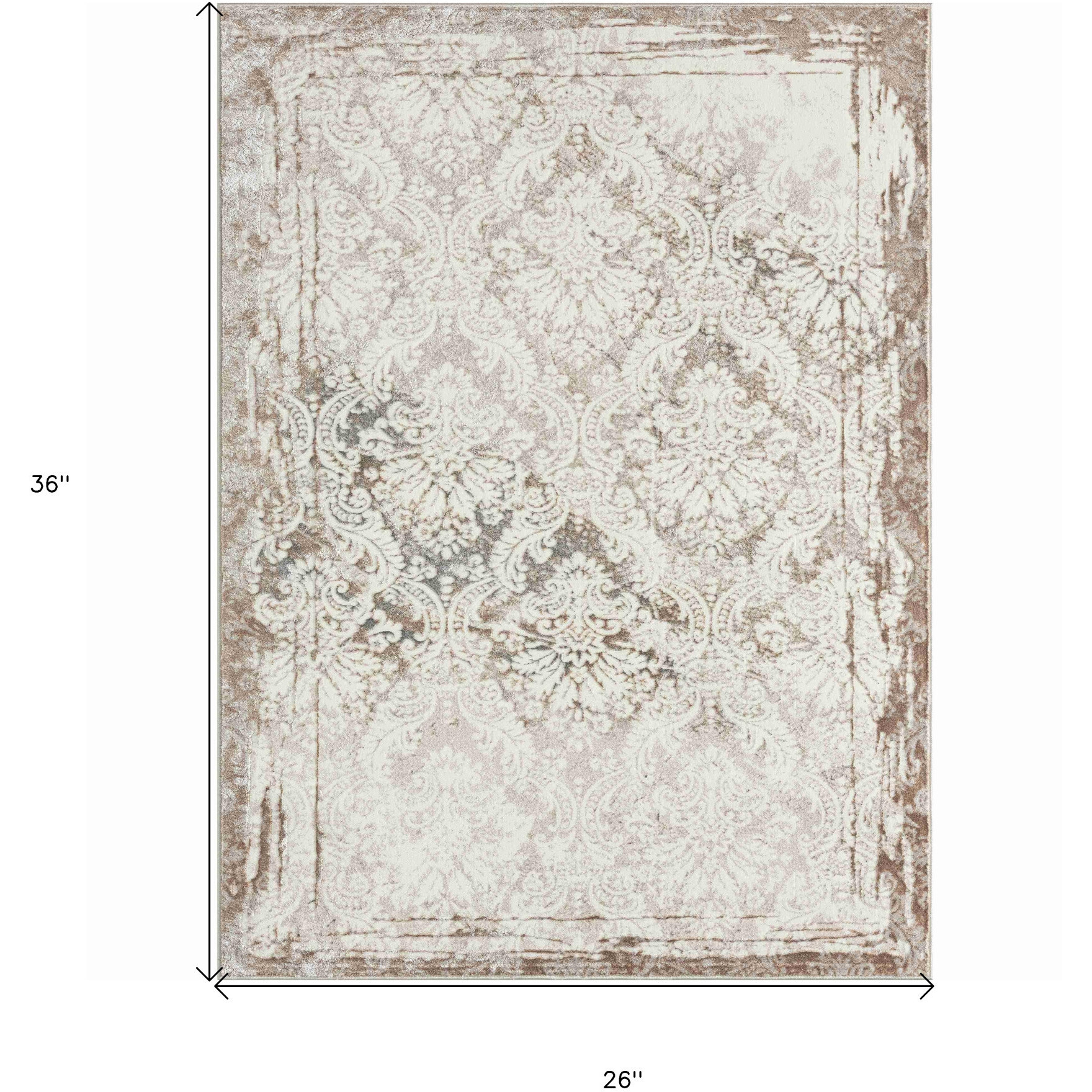 2' X 3' Beige and Ivory Damask Area Rug