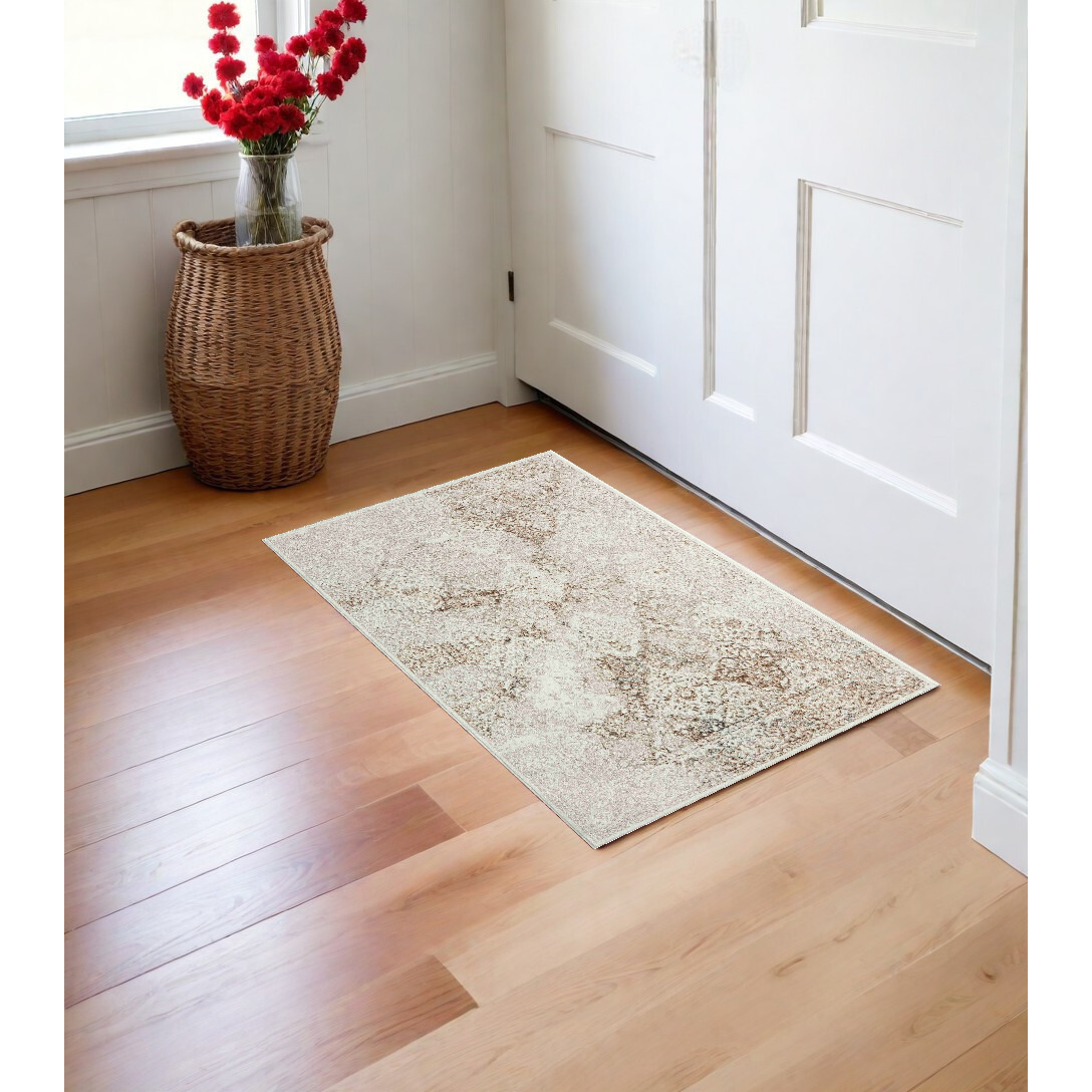 2' X 3' Beige and Ivory Damask Area Rug