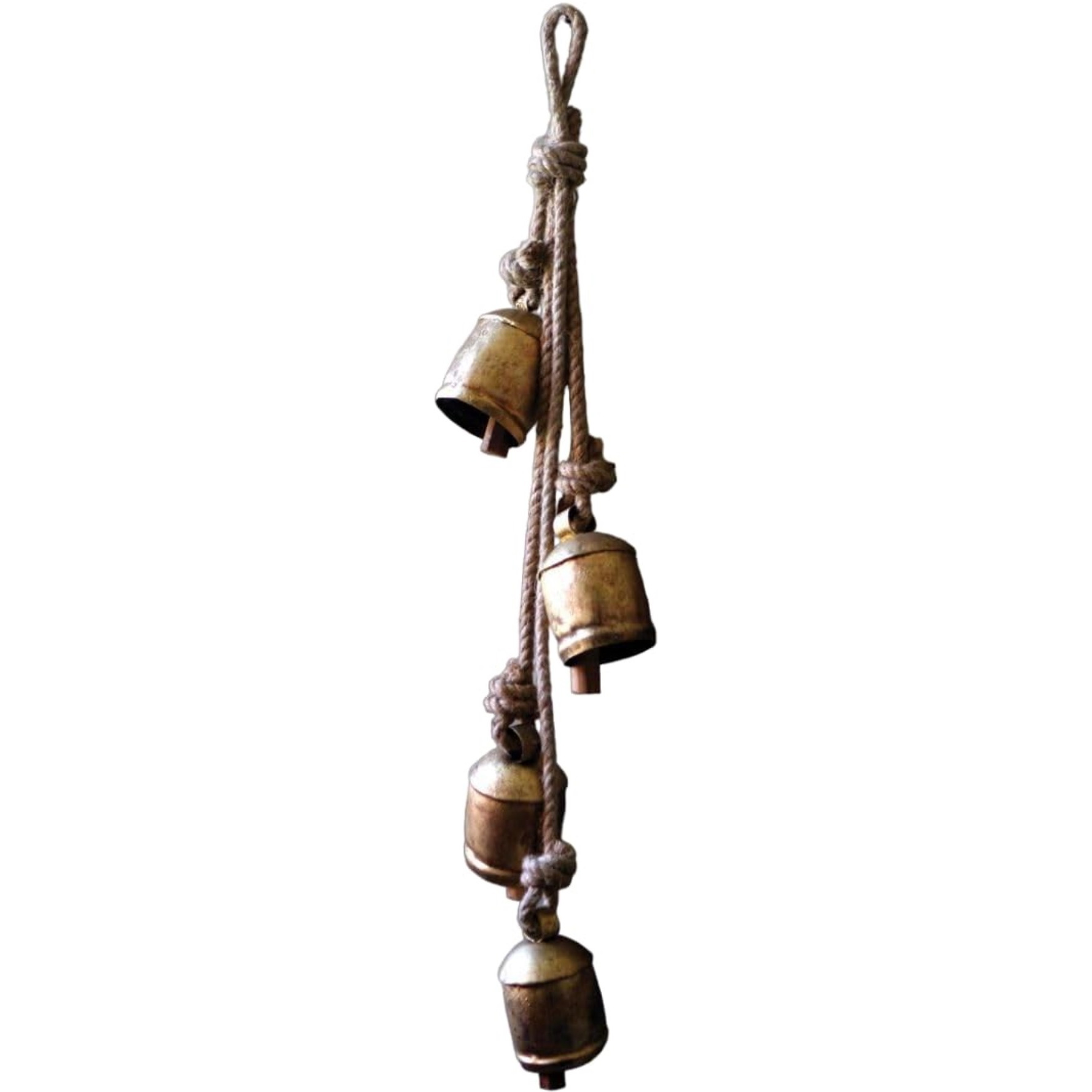 FOUR RUSTIC IRON HANGING BELLS WITH ROPE