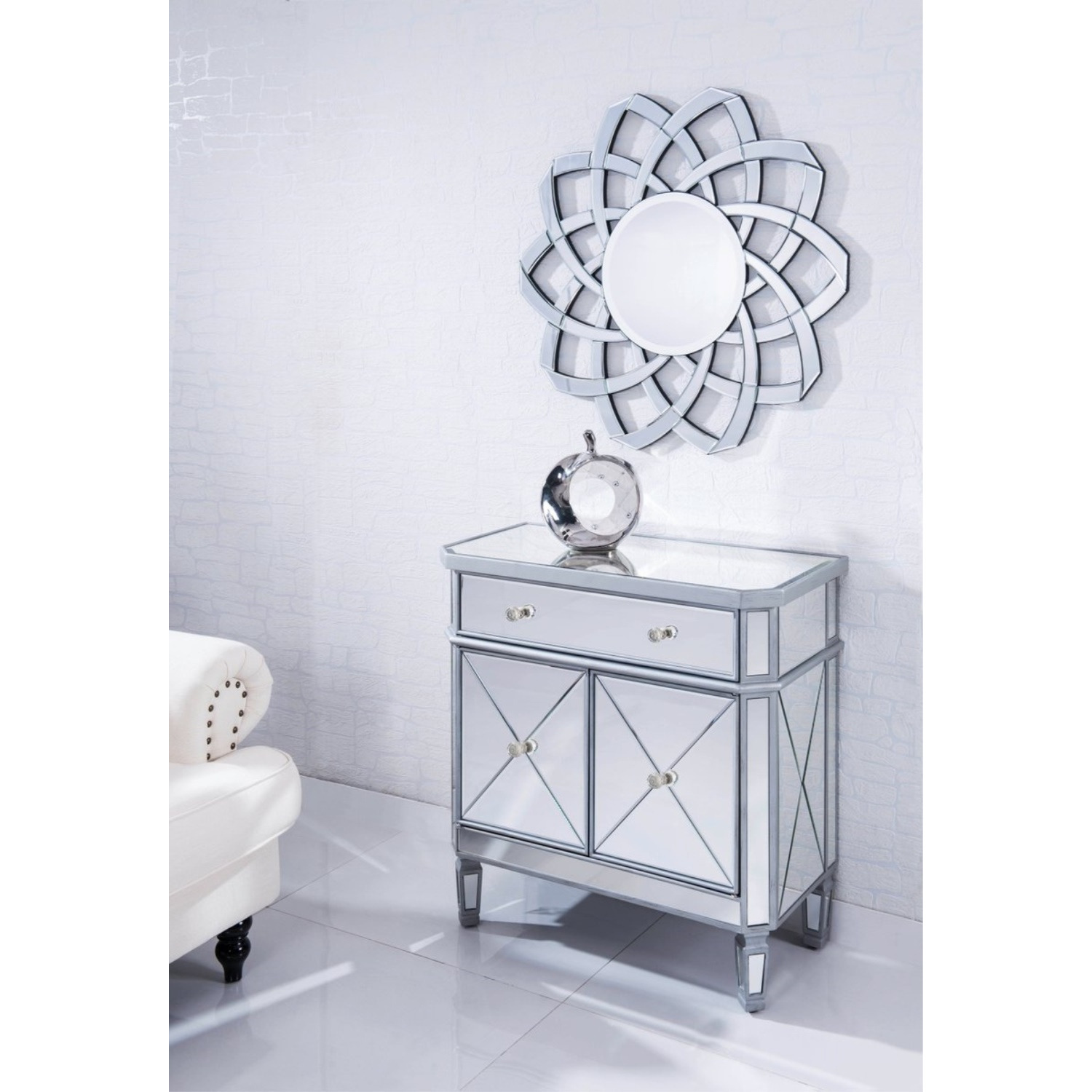 Elegant Lighting Side Cabinet Contemporary Silver Clear Brushed Steel Mirror Solid Wood Mirrors