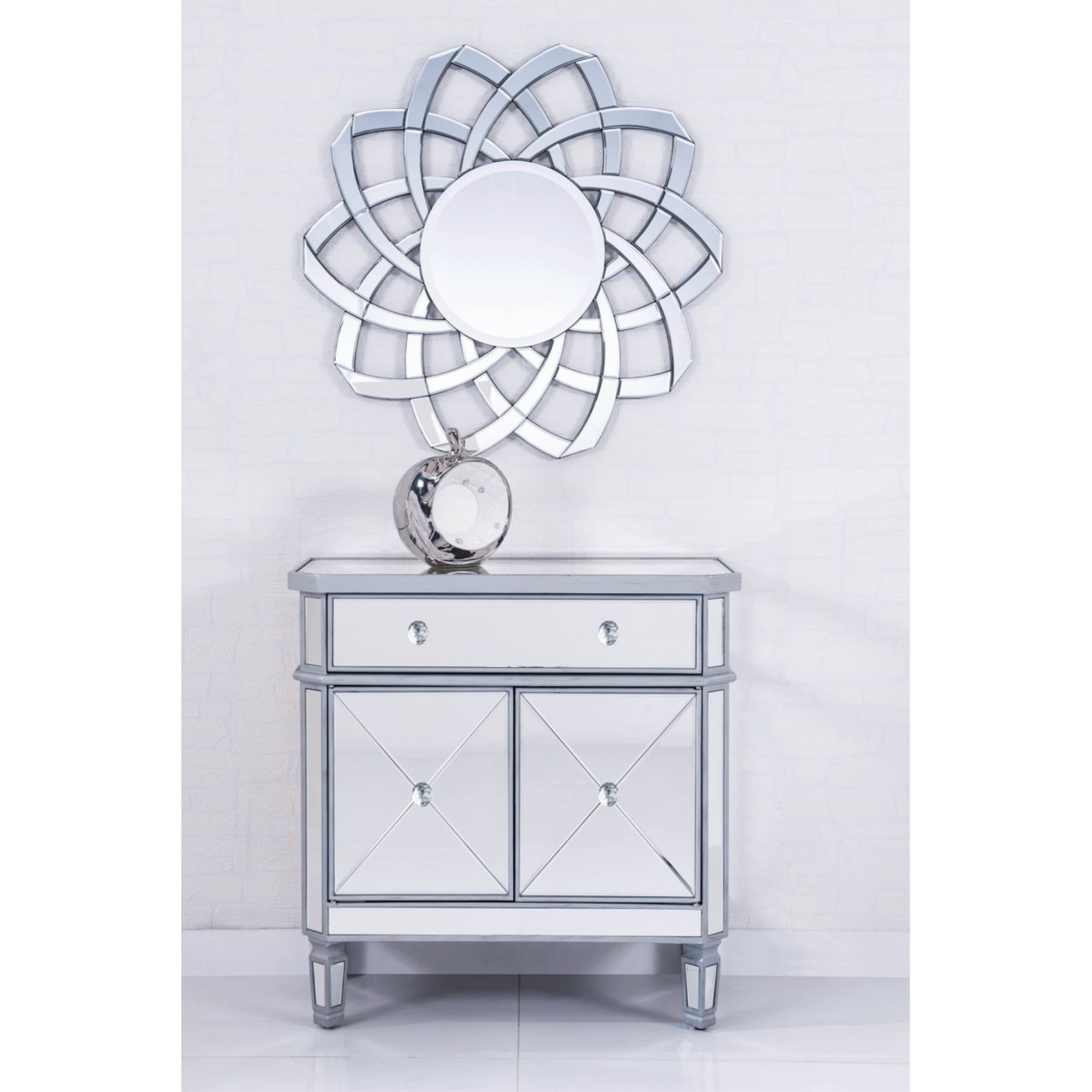 Elegant Lighting Side Cabinet Contemporary Silver Clear Brushed Steel Mirror Solid Wood Mirrors
