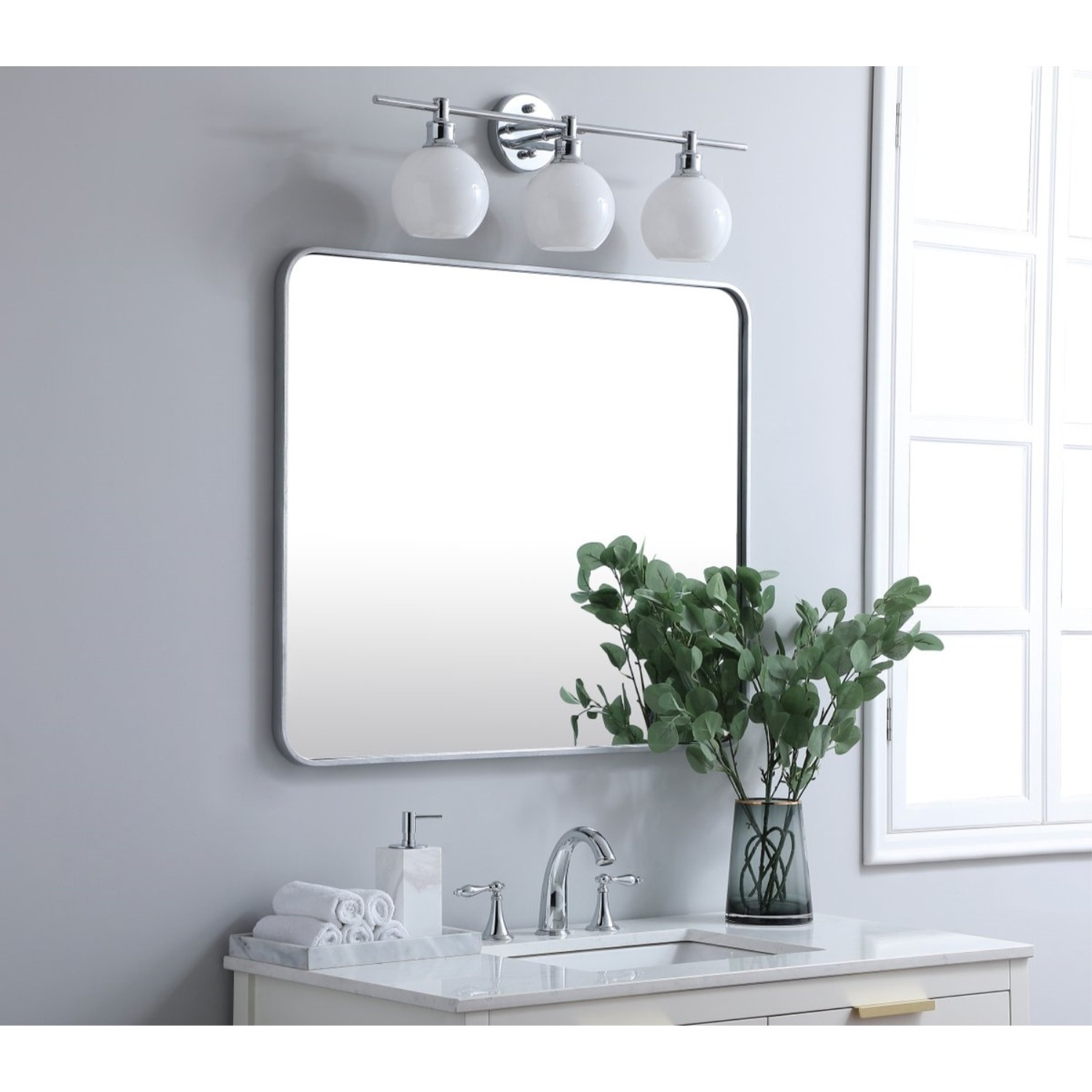 Soft corner metal rectangular mirror 30x36 inch in Silver