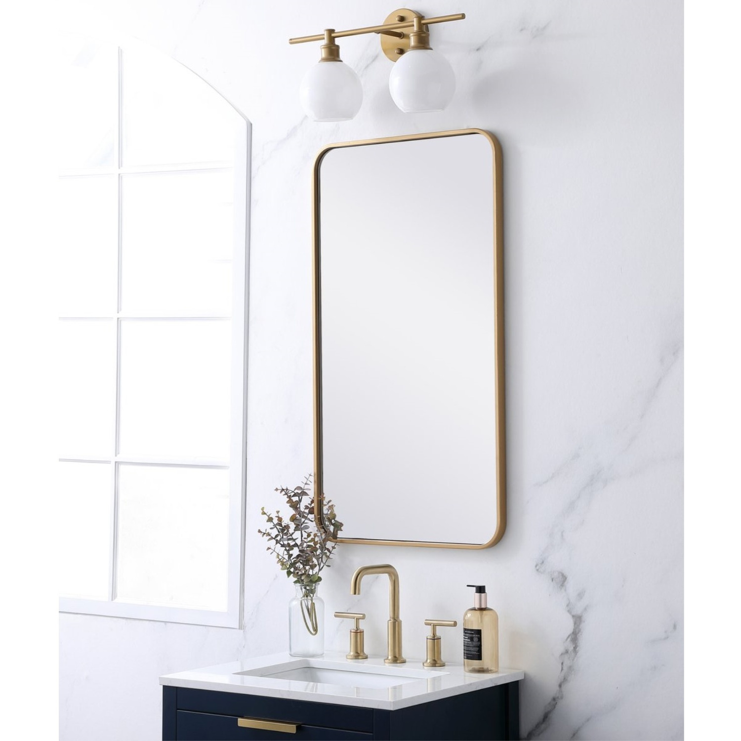 Soft corner metal rectangular mirror 20x36 inch in Brass