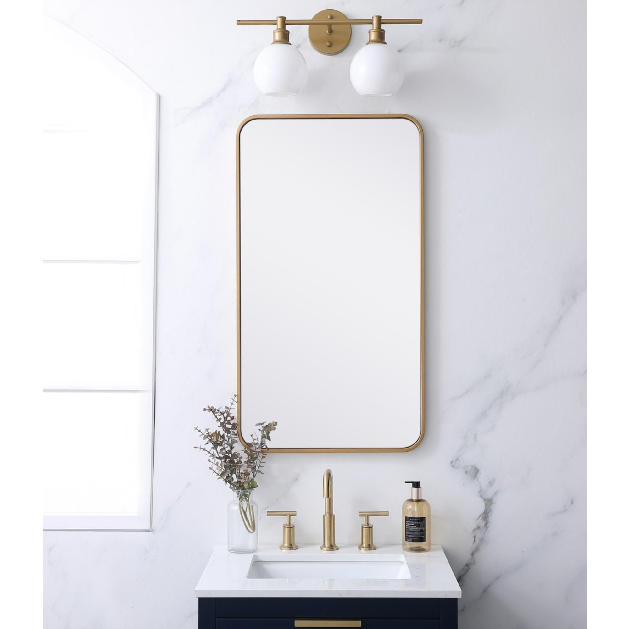 Soft corner metal rectangular mirror 20x36 inch in Brass