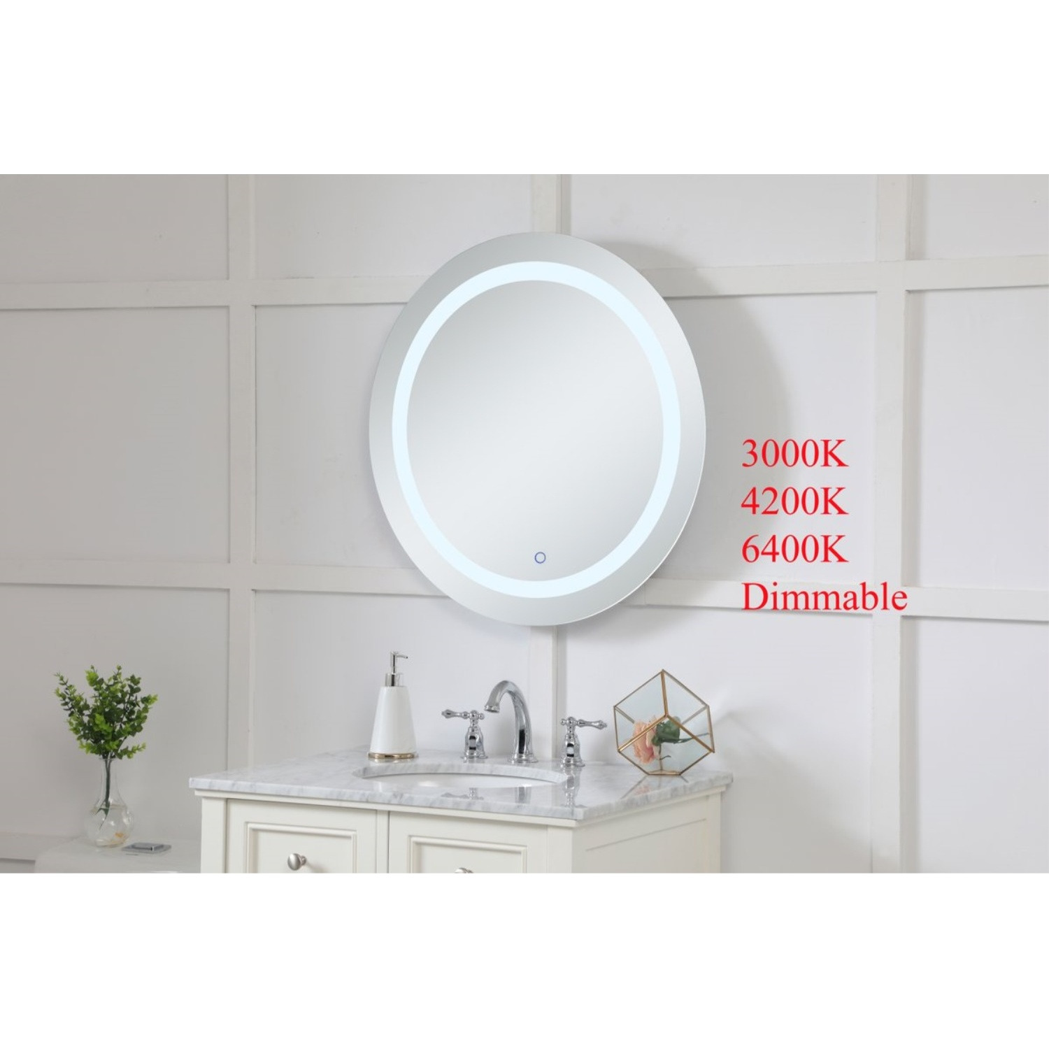 Helios 28 inch Hardwired LED mirror with touch sensor and color changing temperature 3000K/4200K/6400K