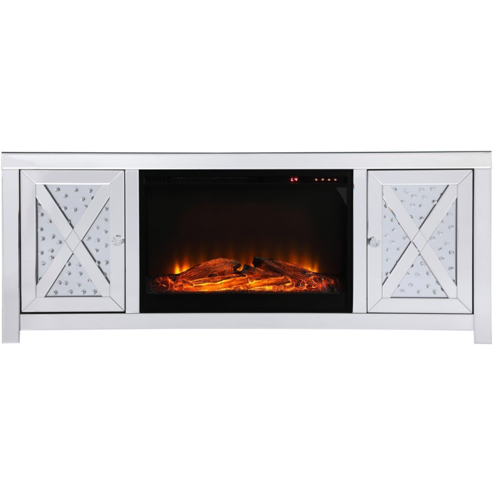 59 in. crystal mirrored TV stand with wood log insert fireplace