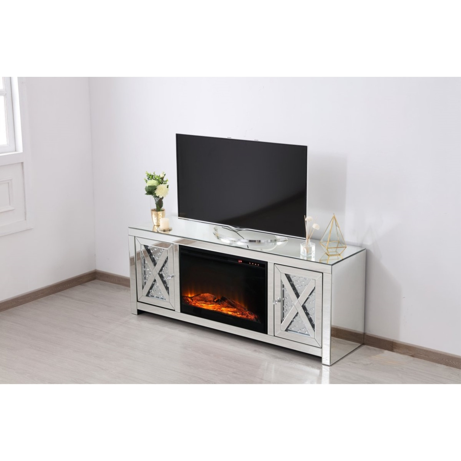 59 in. crystal mirrored TV stand with wood log insert fireplace