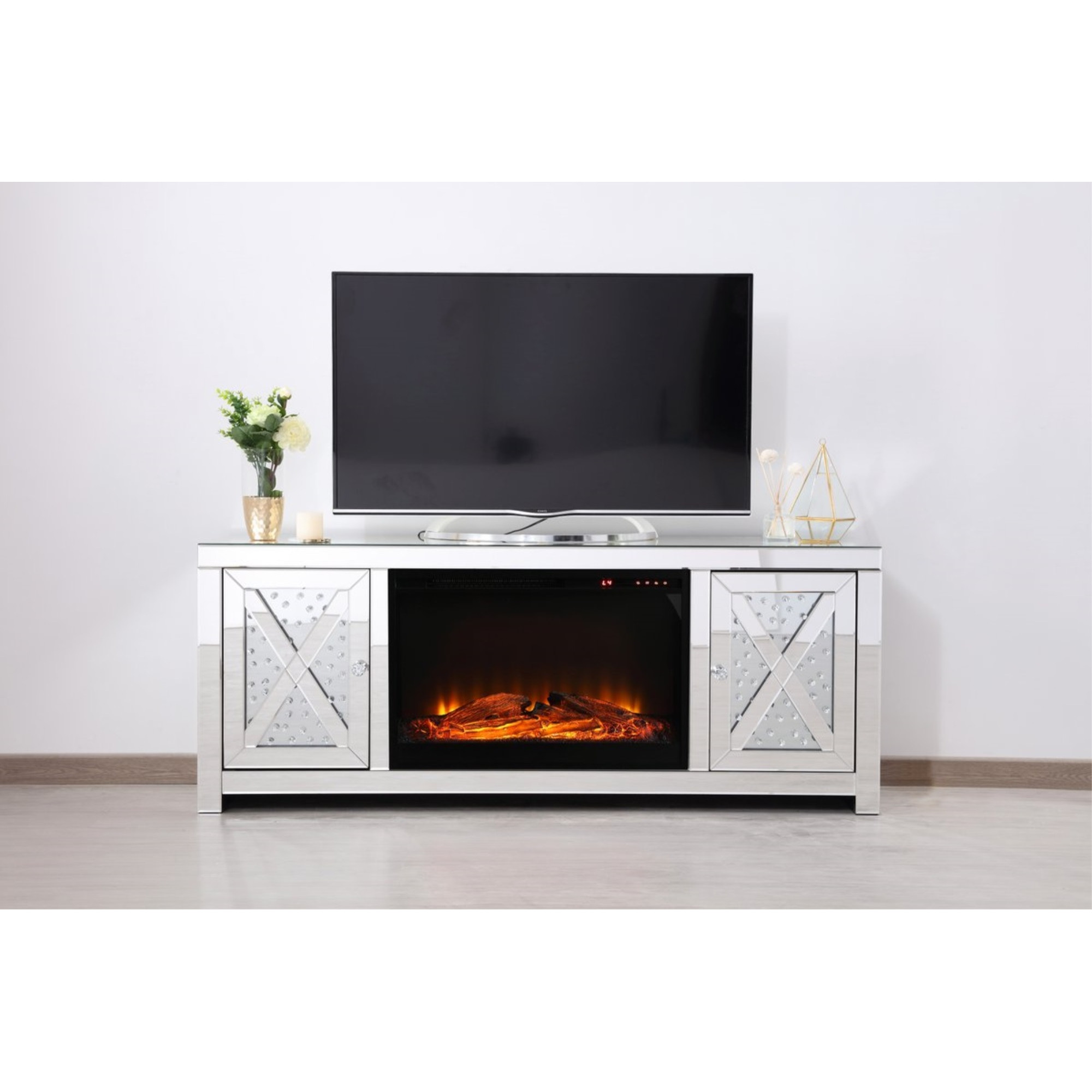 59 in. crystal mirrored TV stand with wood log insert fireplace